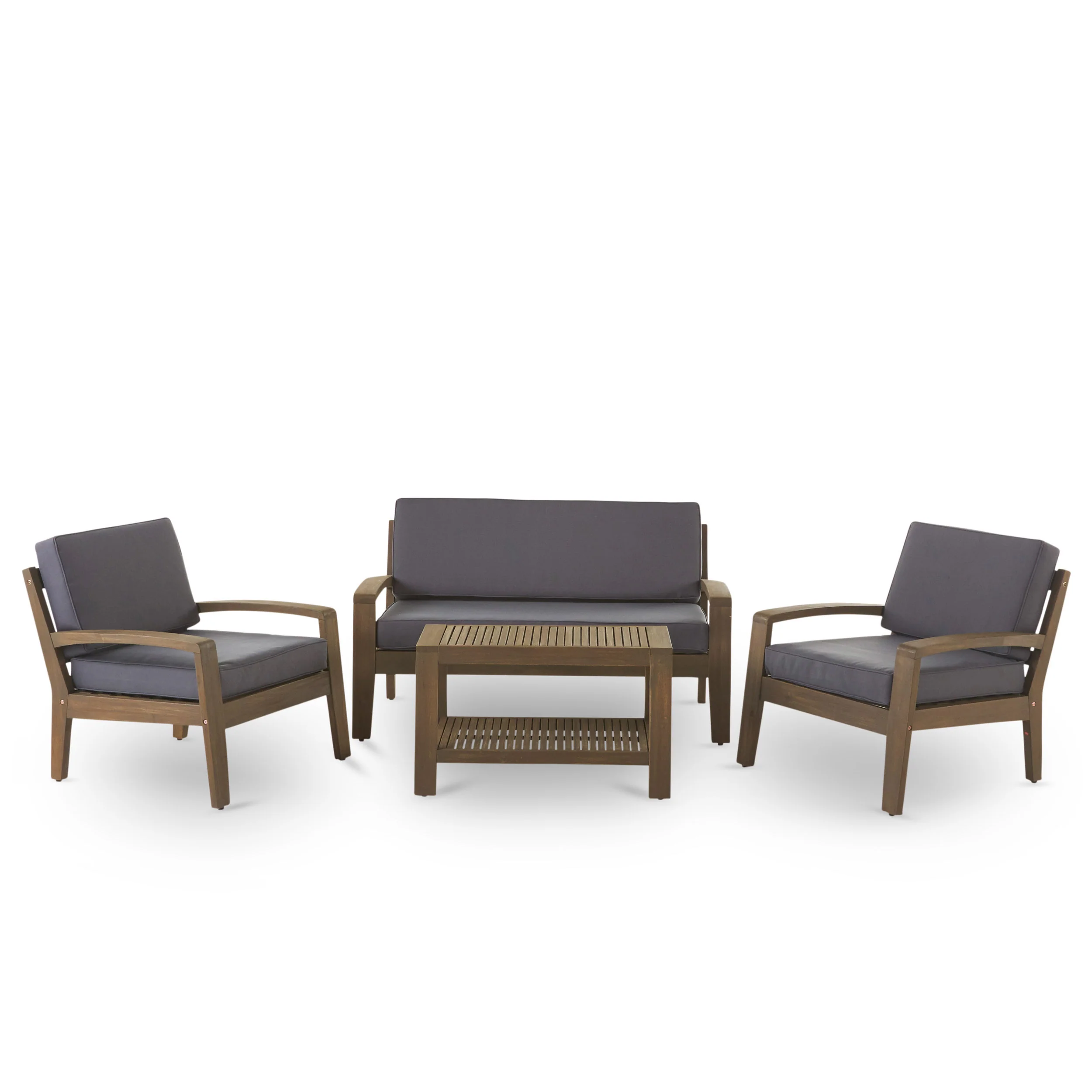 Grenada Outdoor Acacia Wood 4 Piece Chat Set w/ Water Resistant Cushions - furnishings