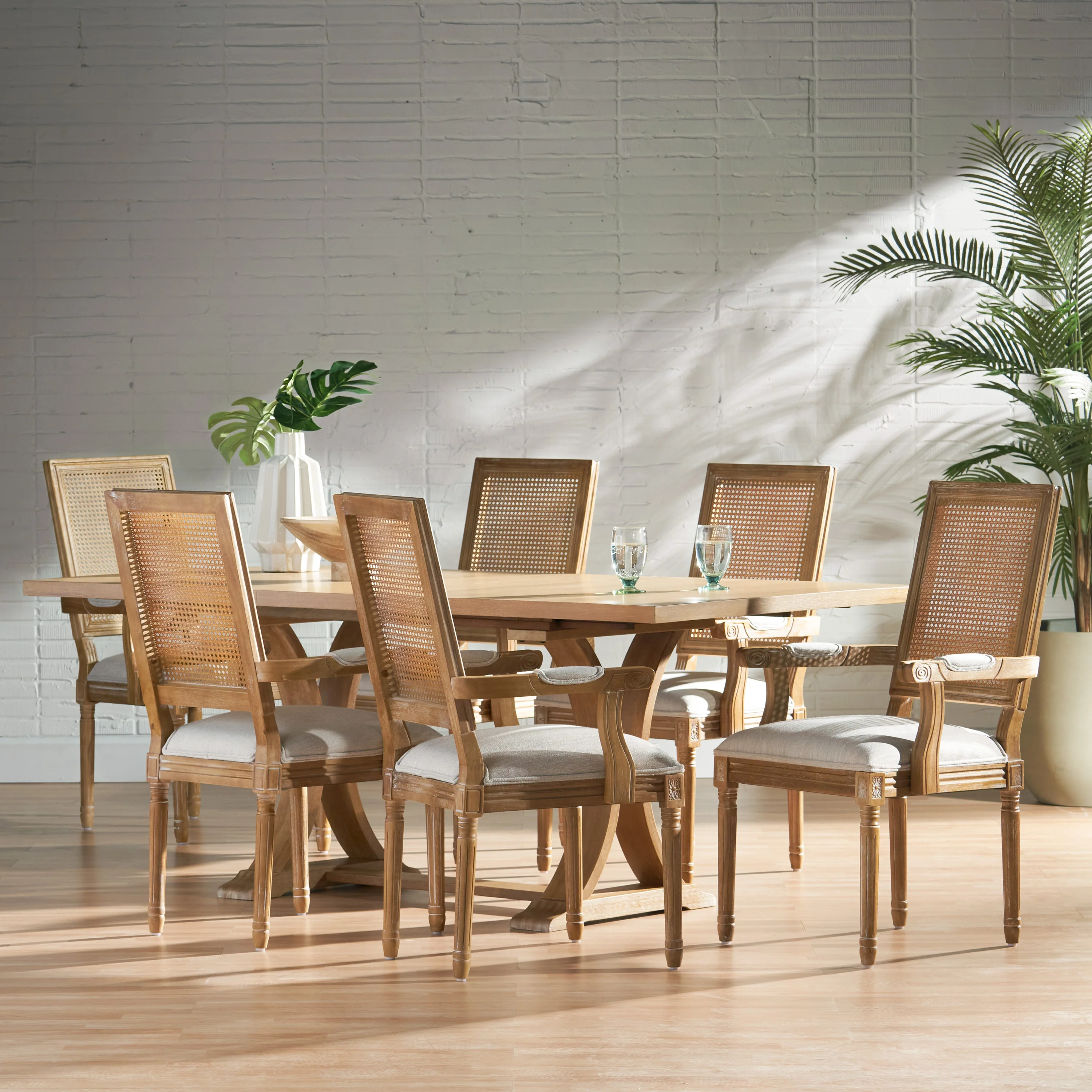 Zentner French Country Fabric Upholstered Wood and Cane 7 Piece Expandable Dining Set - furnishings