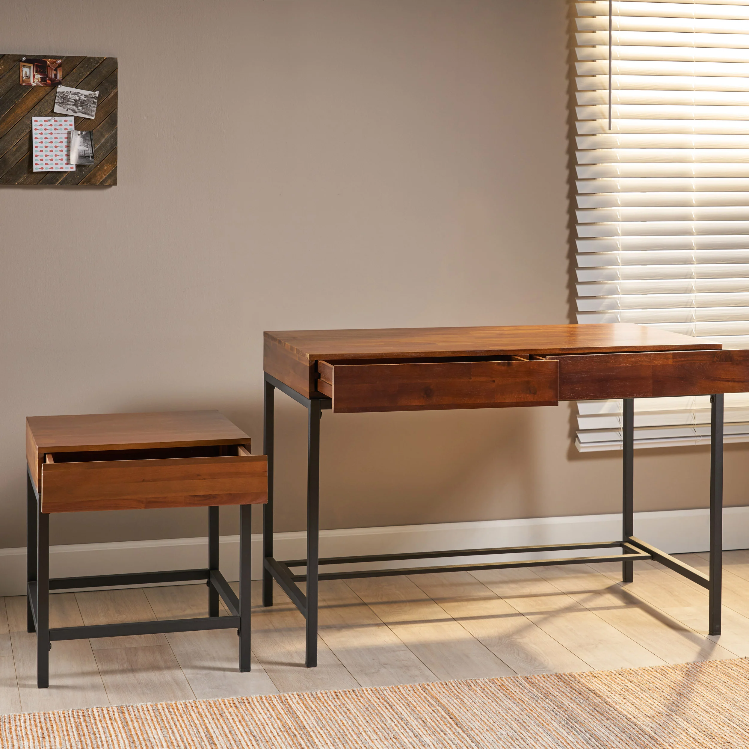 Elrod Industrial Dark Oak Acacia Wood Storage Side Table and Desk Set - furnishings