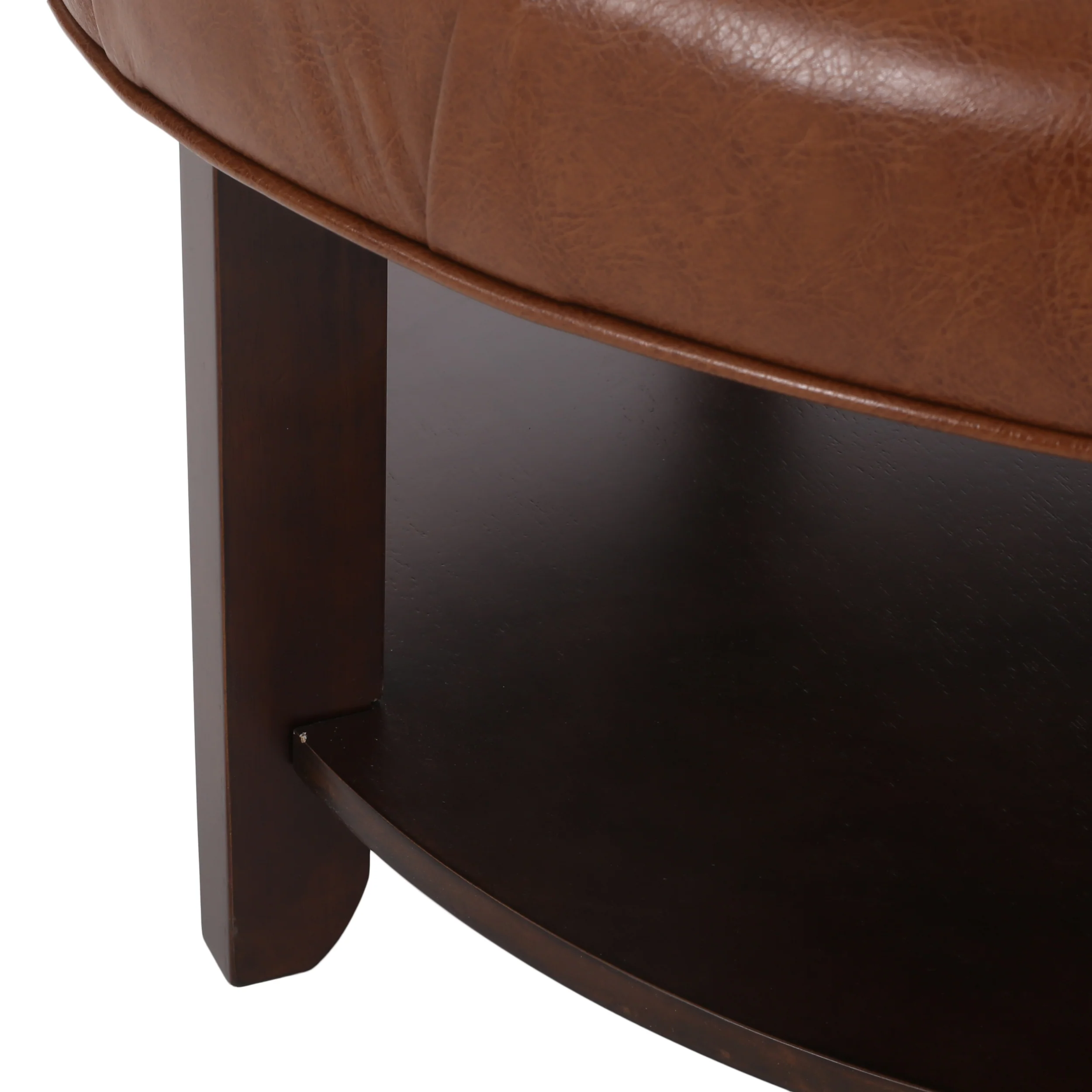 Baynes Contemporary Faux Leather Tufted Wood Round Ottoman with Open Shelf - furnishings