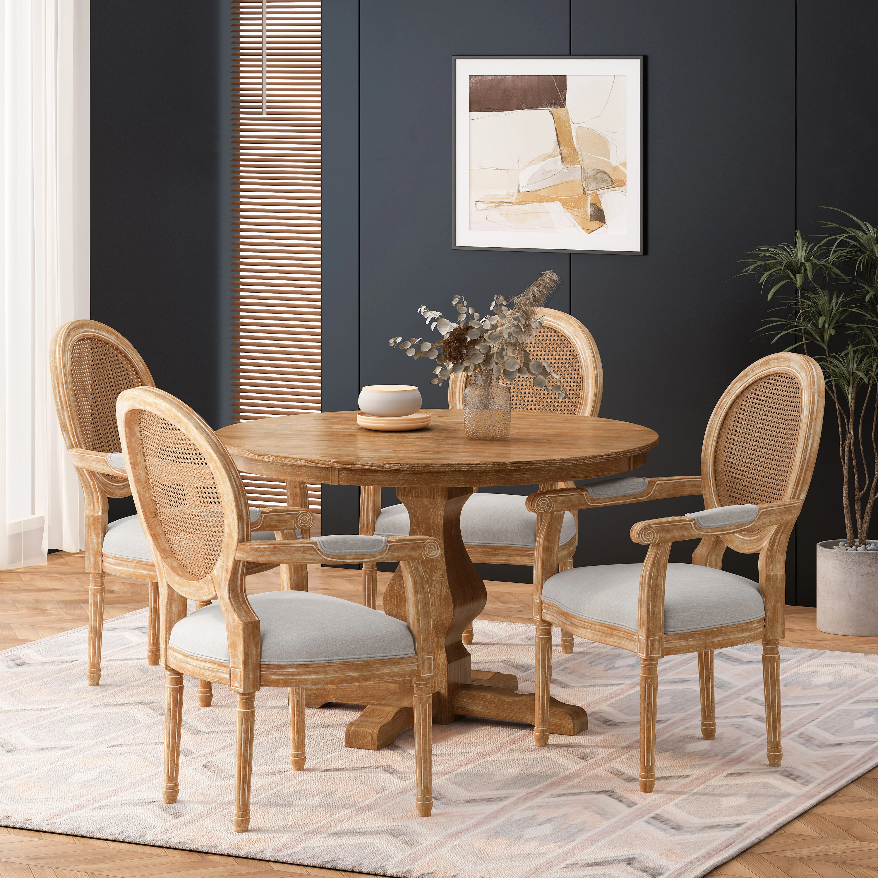 Bryan French Country Fabric Upholstered Wood and Cane 5 Piece Circular Dining Set - furnishings