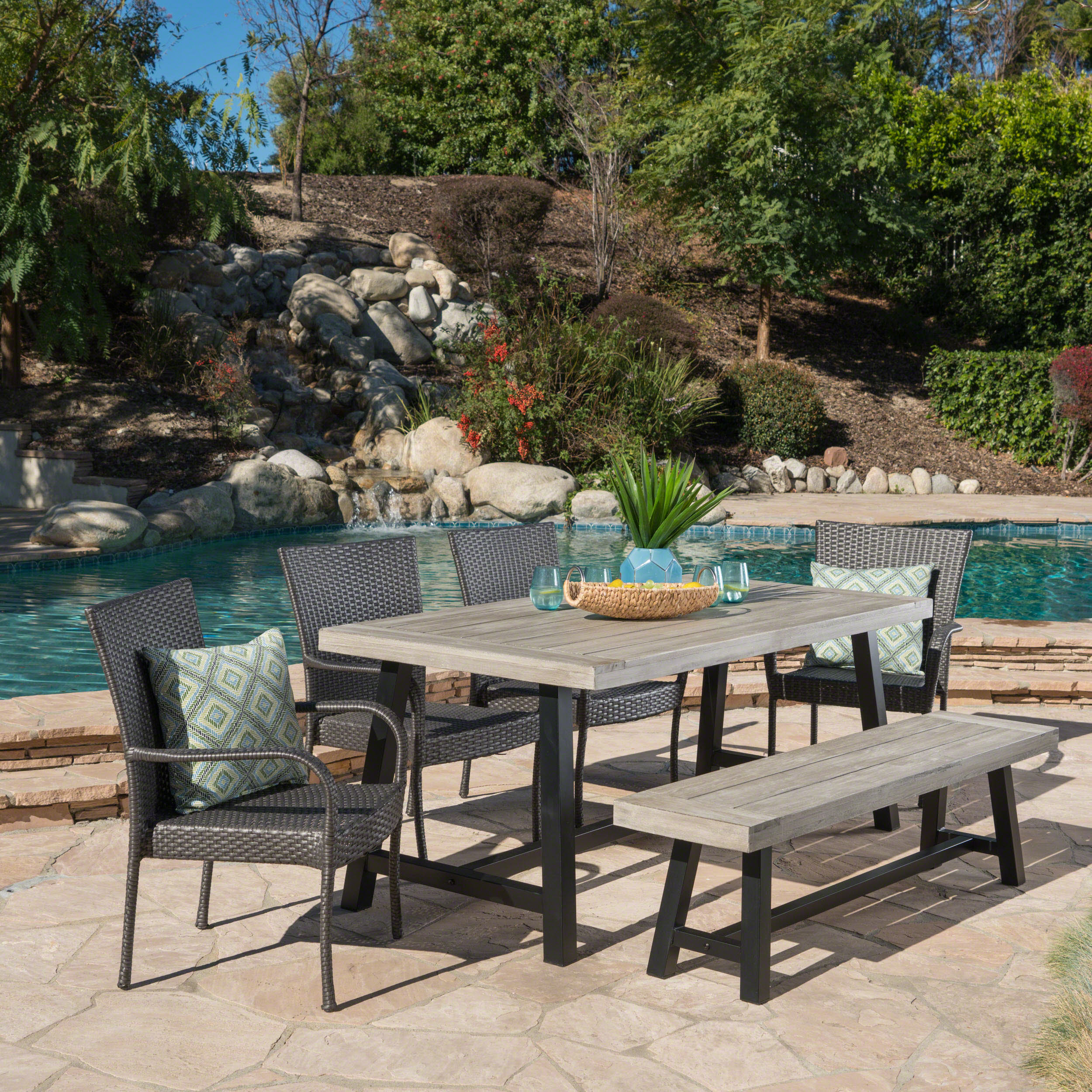 Luminous Outdoor 6 Piece Stacking Wicker Dining Set with Acacia Wood Table and Bench - furnishings