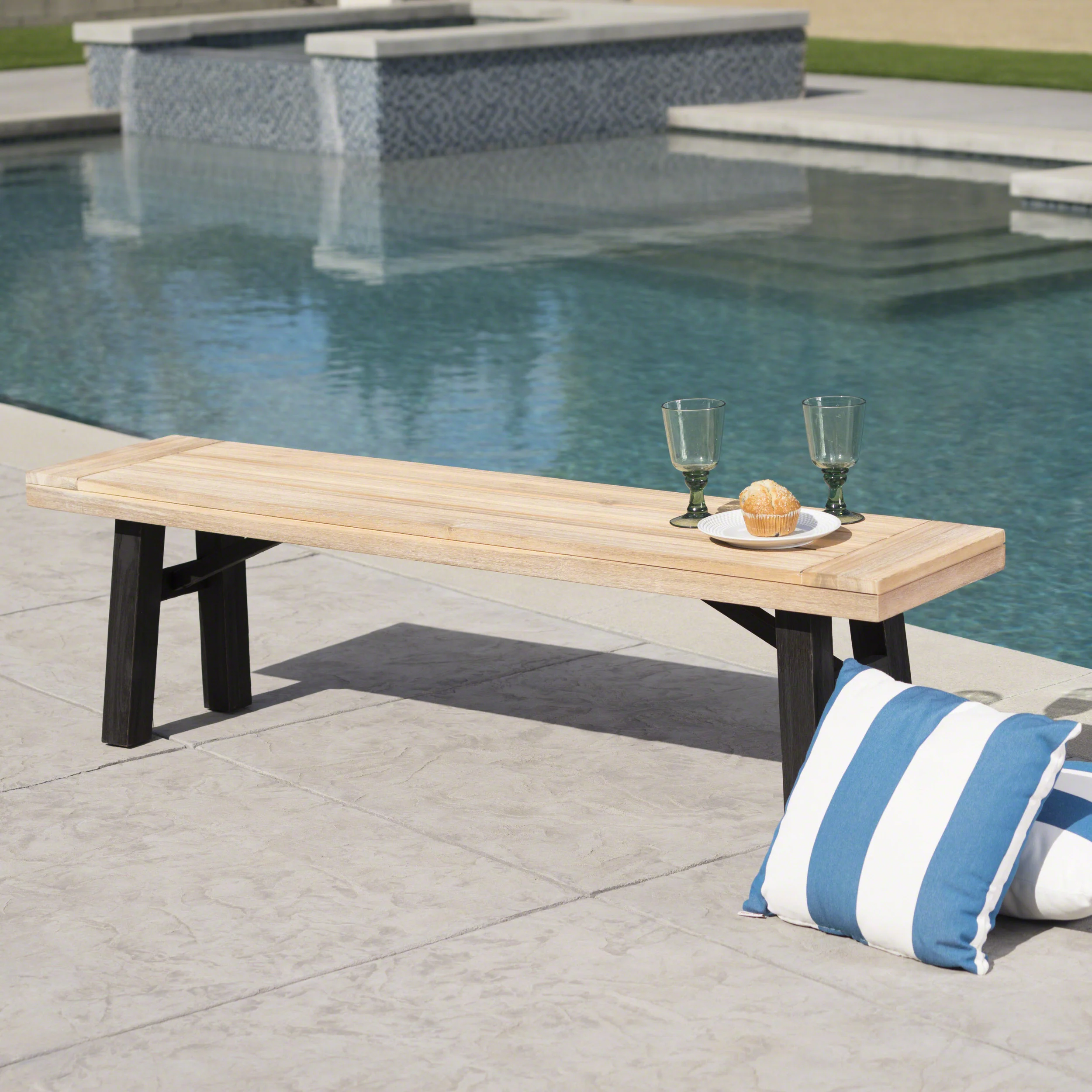 Kirk Outdoor Brushed Gray Acacia Wood Dining Bench - furnishings