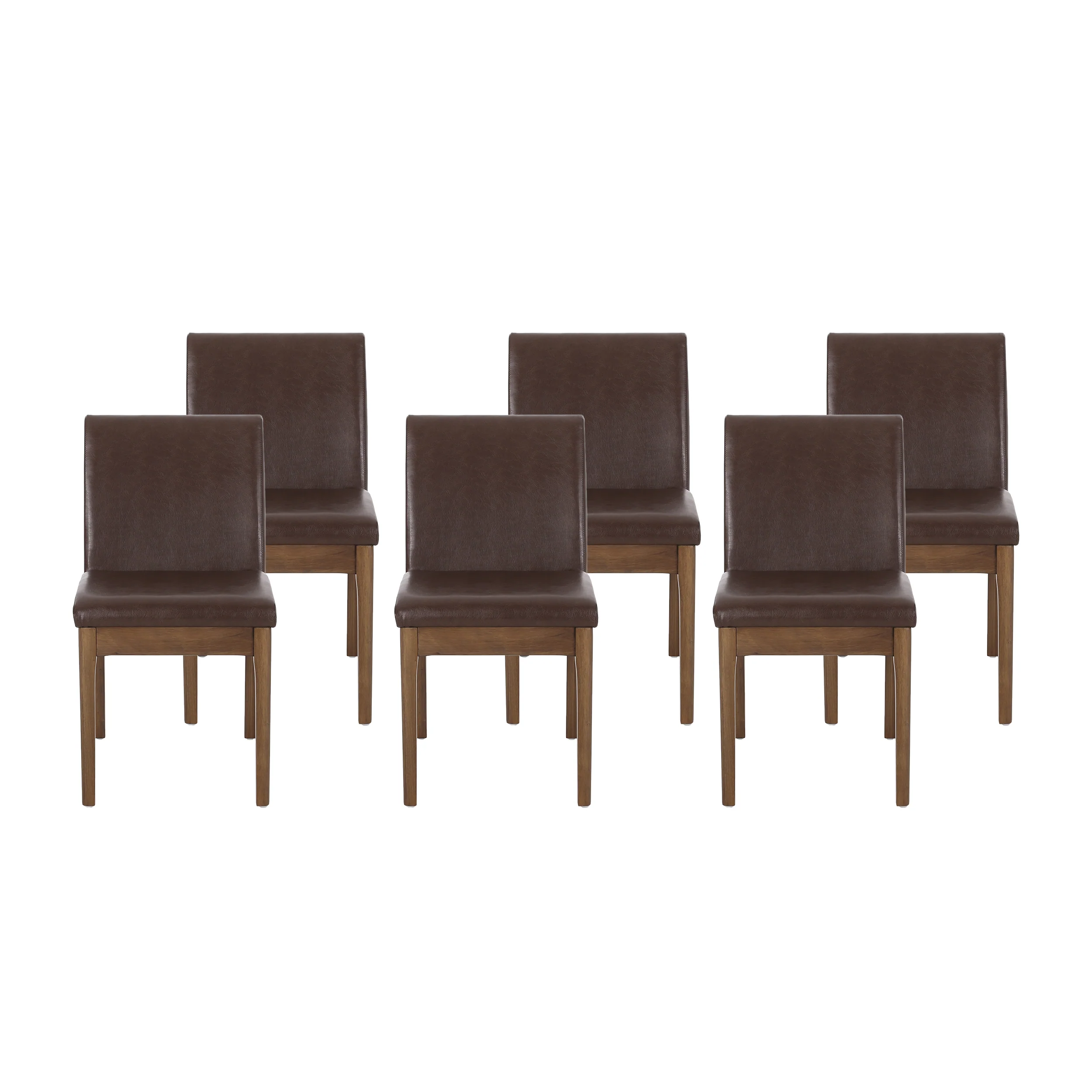 Hampton Mid Century Modern Upholstered Dining Chairs, Set of 6, Dark Brown Faux Leather and Walnut - furnishings