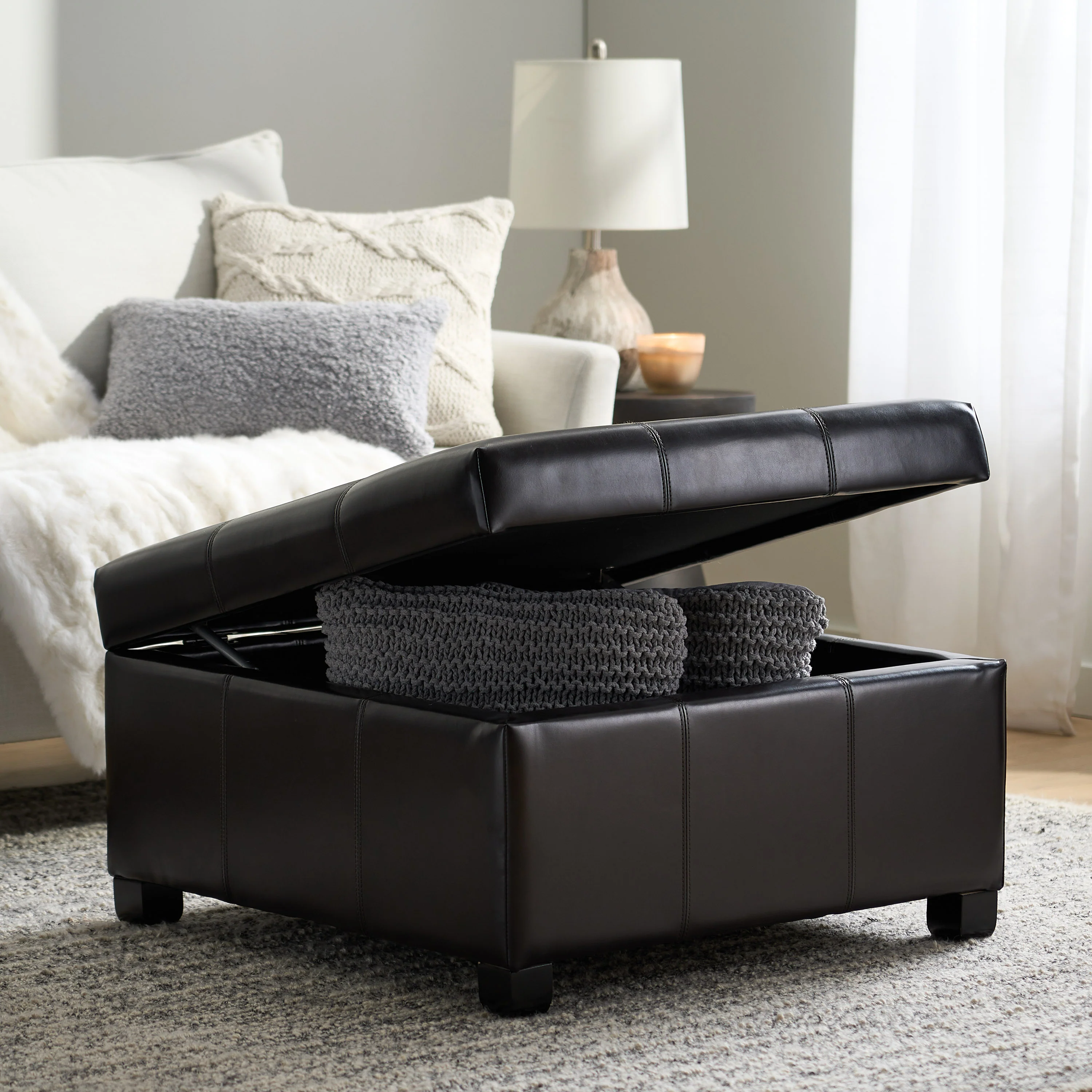 Boston Espresso Brown Tufted Leather Storage Ottoman Coffee Table - furnishings