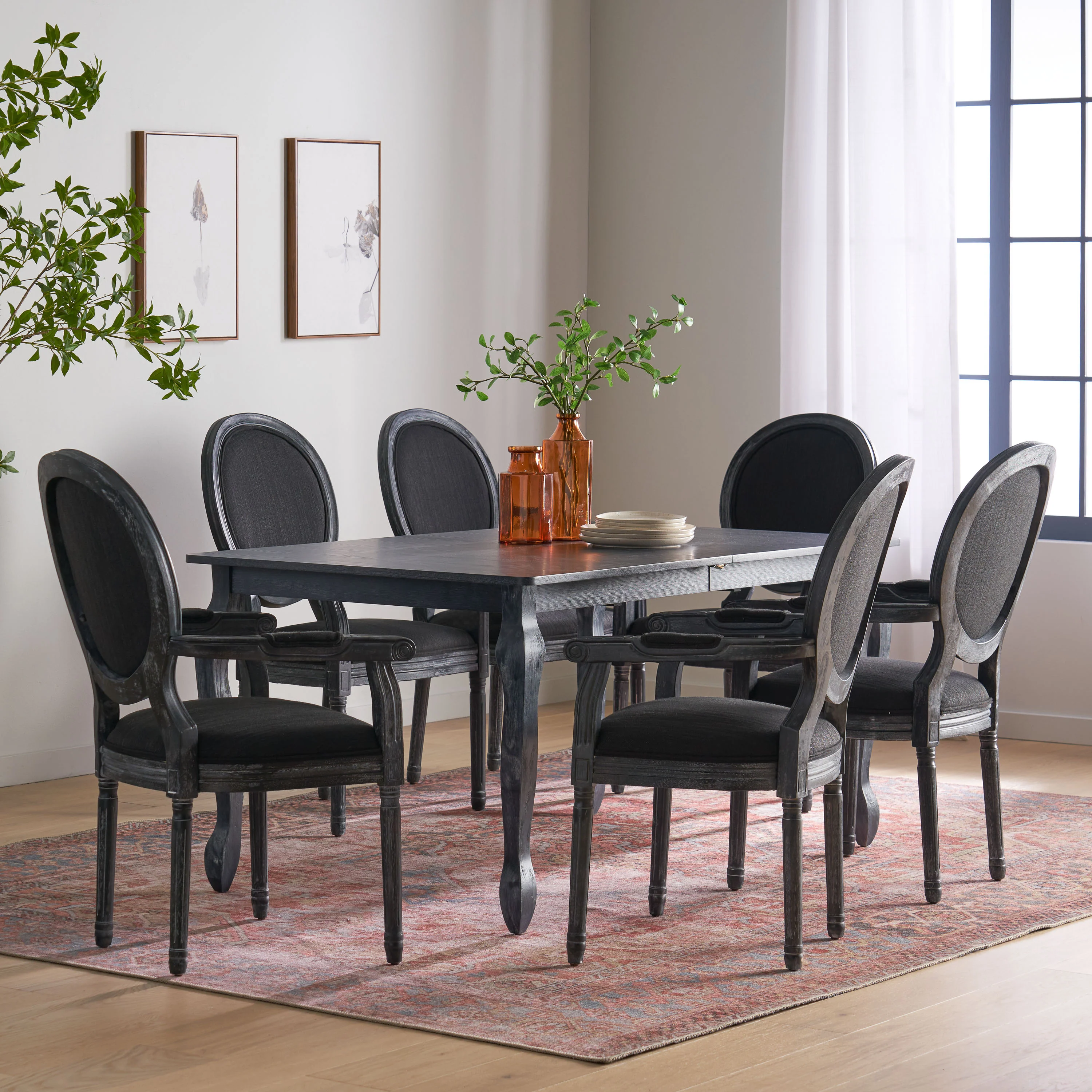 Comisky French Country Fabric Upholstered Wood Expandable 7 Piece Dining Set - furnishings