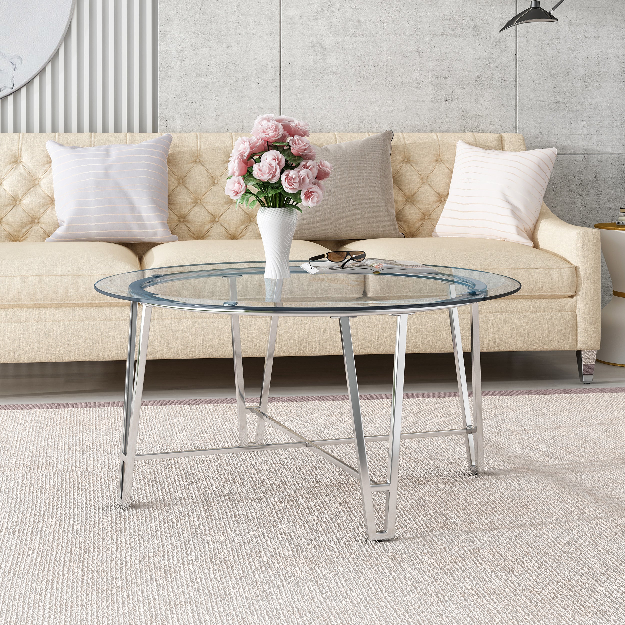 Tylenn Modern Iron Coffee Table with Round Tempered Glass Top, Silver - furnishings