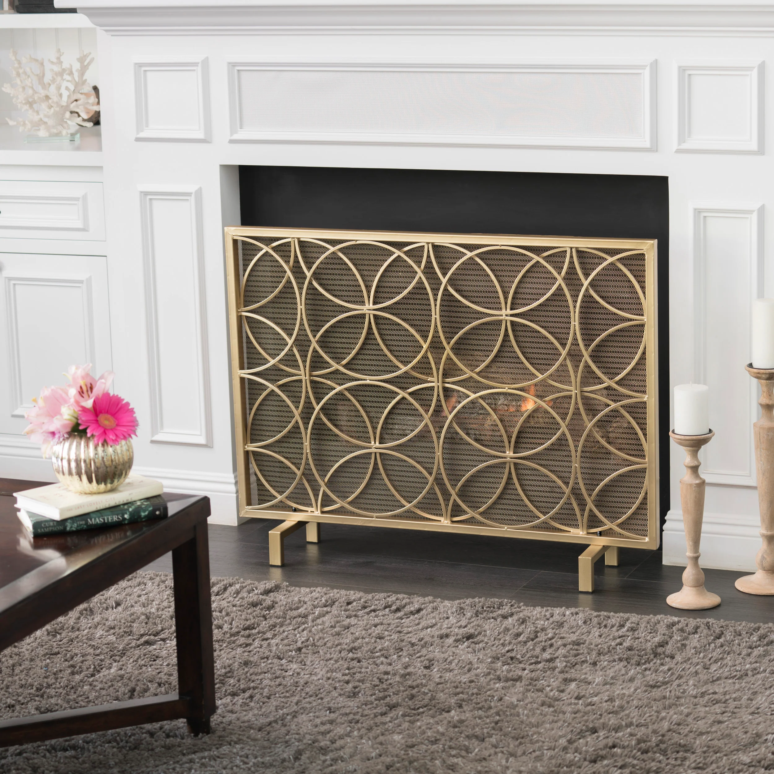 Veritas Modern Glam Single Panel Iron Fireplace Screen with Circle Pattern - furnishings