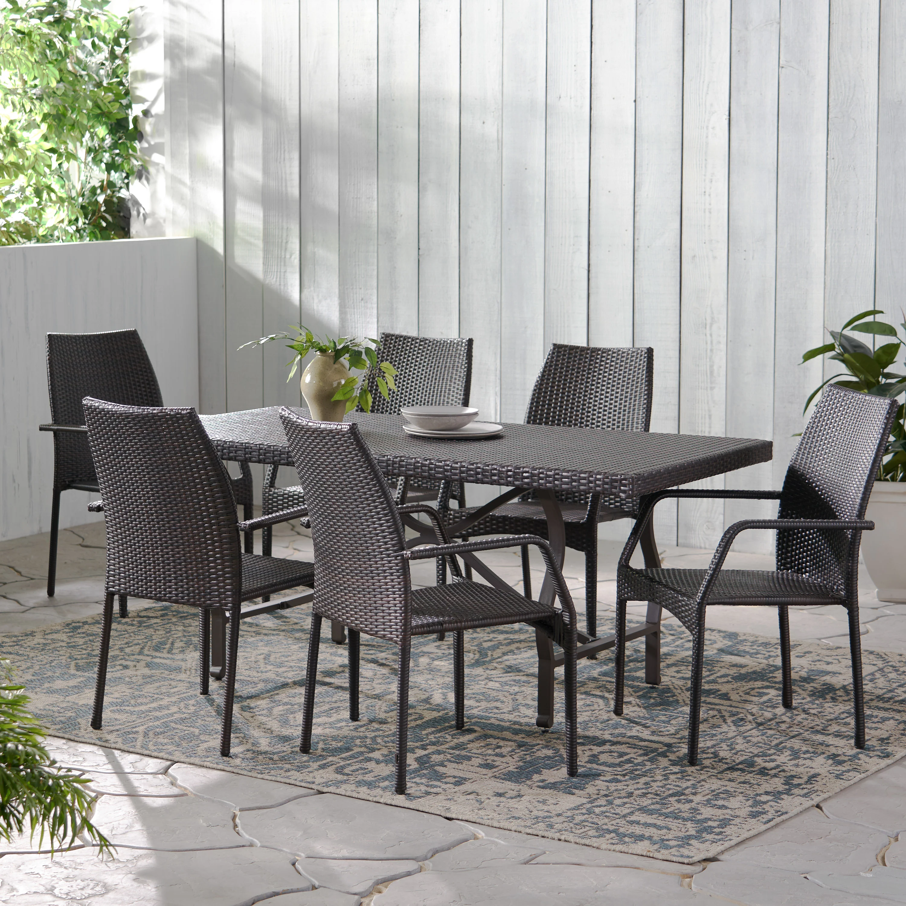 Alexi Outdoor Transitional 7-Piece Multi-Brown Wicker Dining Set with Arm Chairs - furnishings