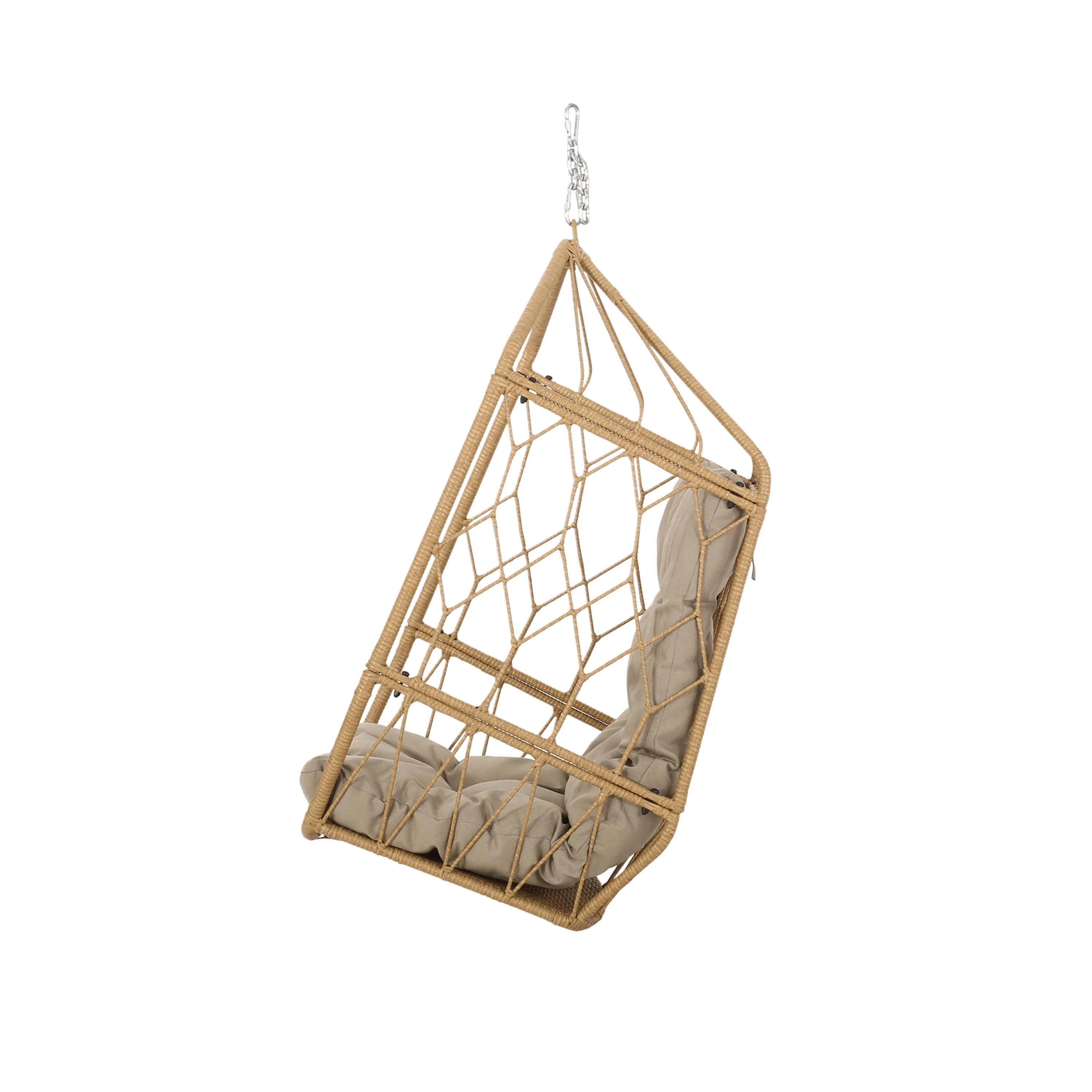 Jewell Outdoor Wicker Hanging Basket Chair with Cushions, Light Brown, Tan - furnishings