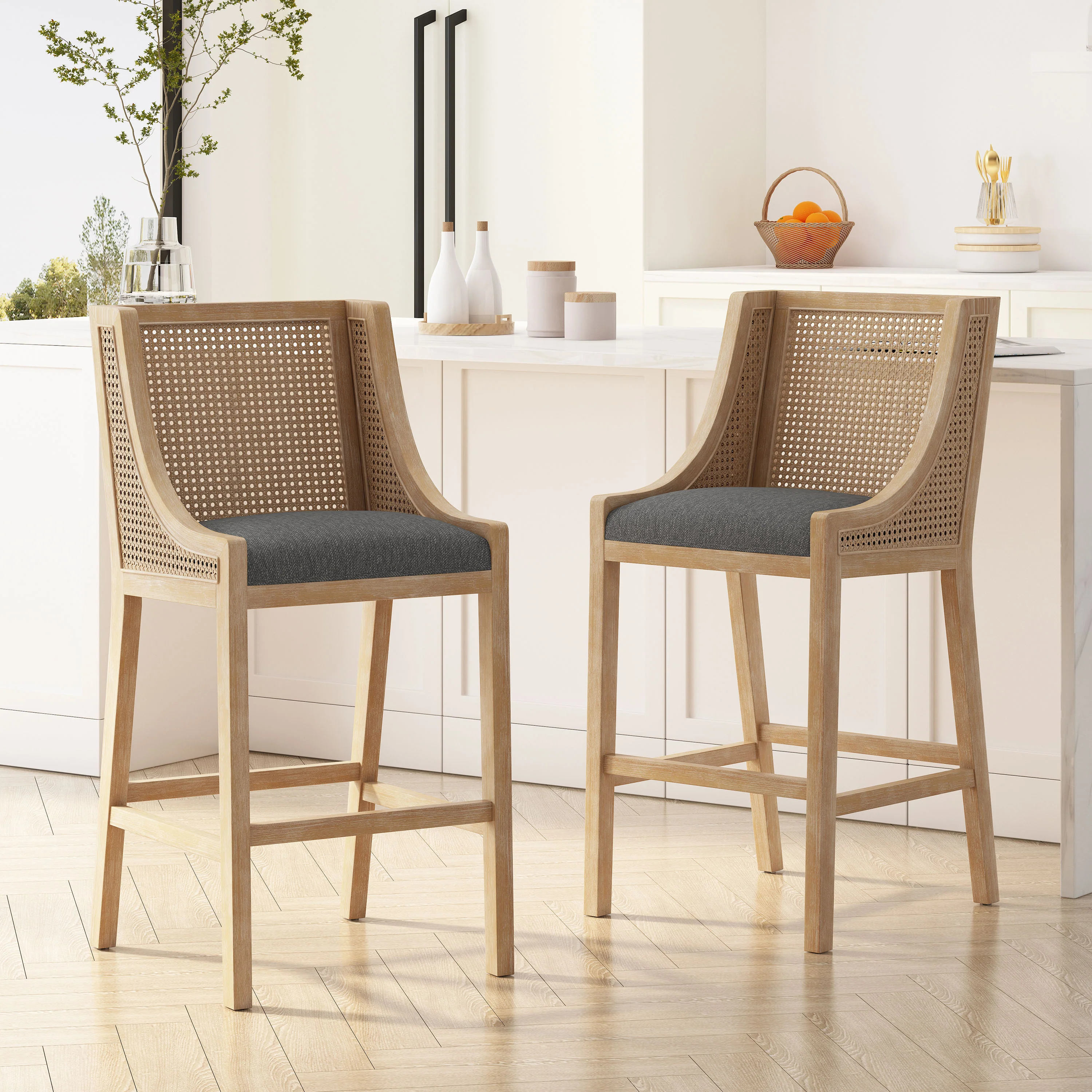 Oneida Rustic Fabric Upholstered Wood and Cane 30 inch Barstools (Set of 2) - furnishings