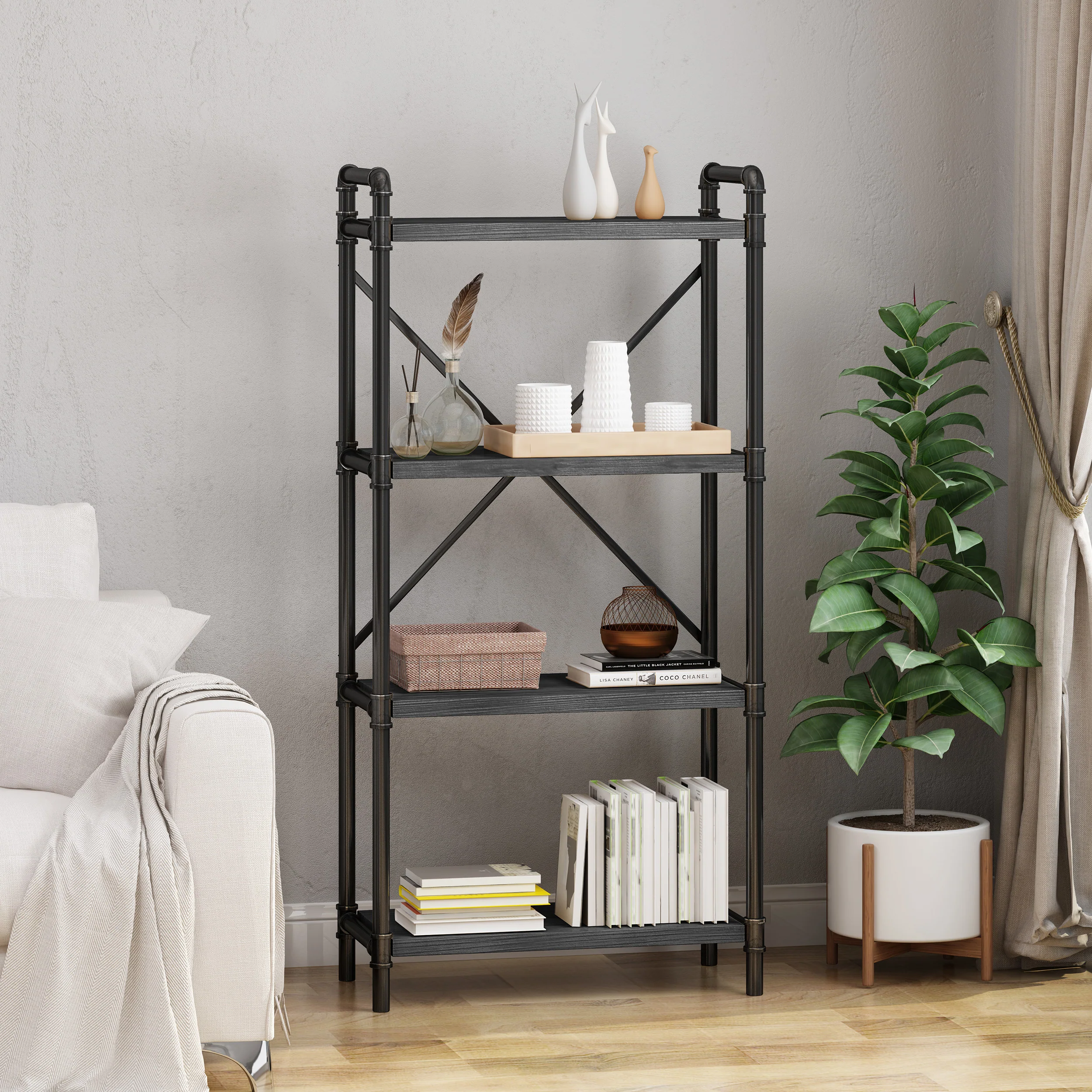 Astrid Industrial Pipe Design 4-Shelf Etagere Bookcase - furnishings