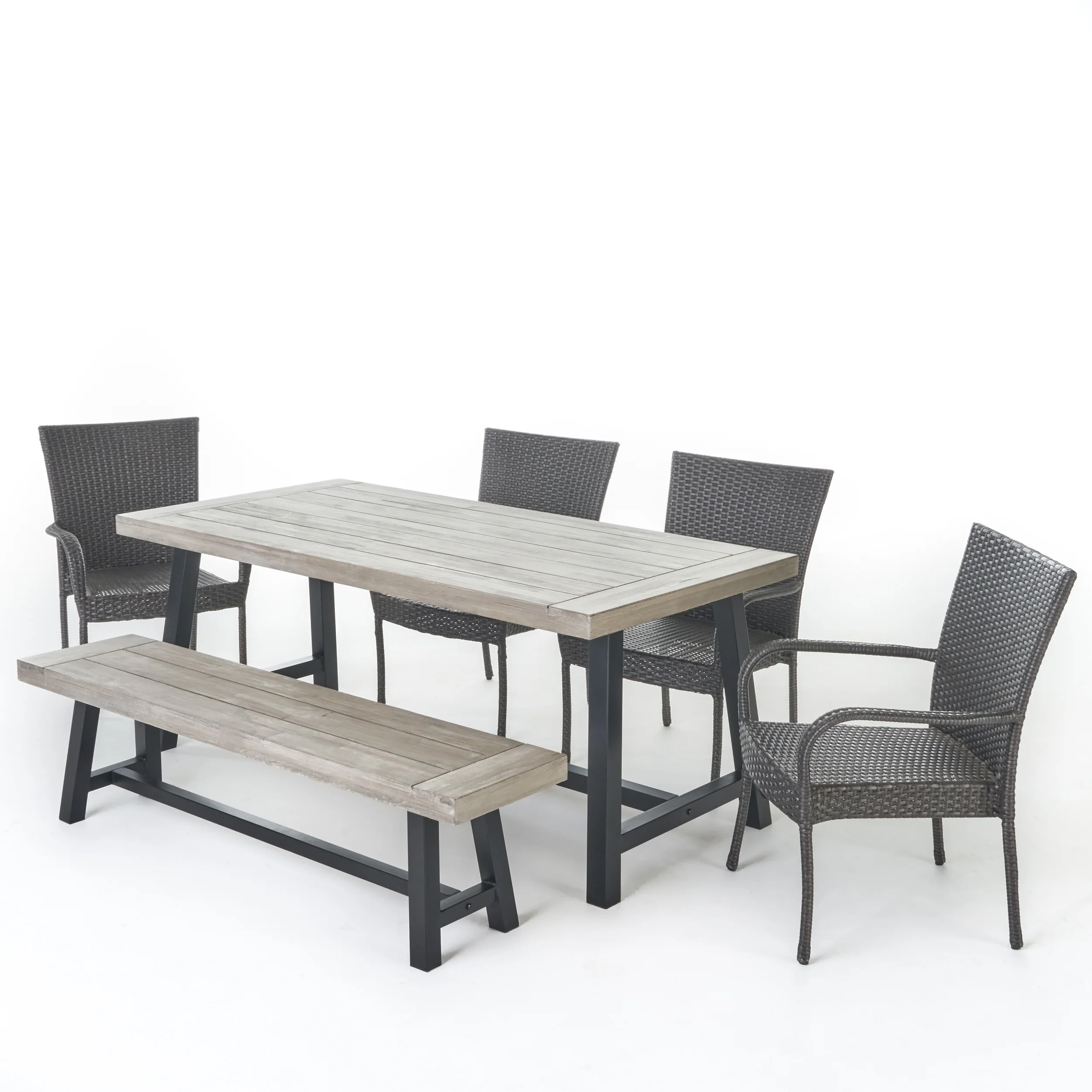 Luminous Outdoor 6 Piece Stacking Wicker Dining Set with Acacia Wood Table and Bench - furnishings