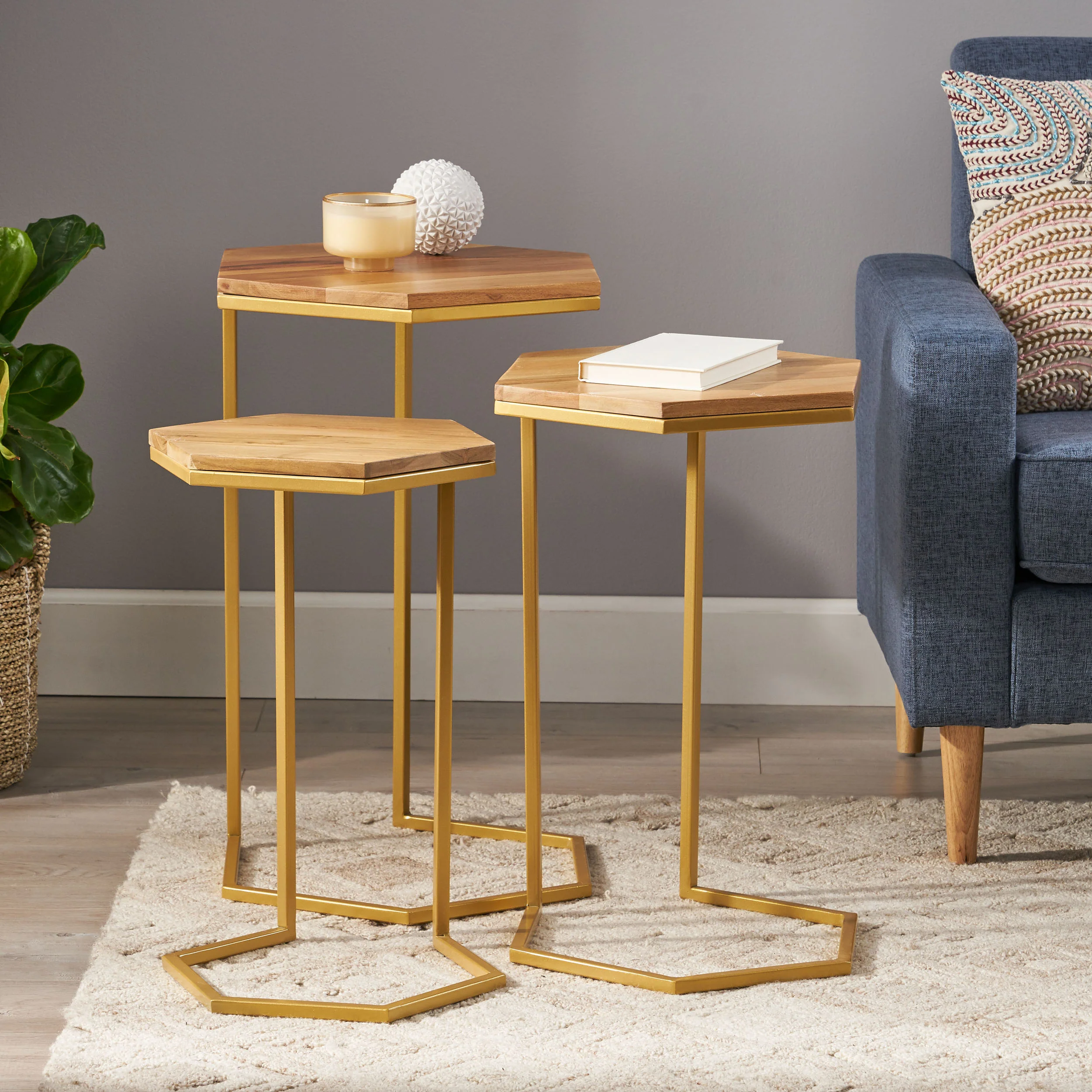 Mableton Boho Glam Handcrafted Hexagon C-Shaped Nesting Tables (Set of 3) - furnishings