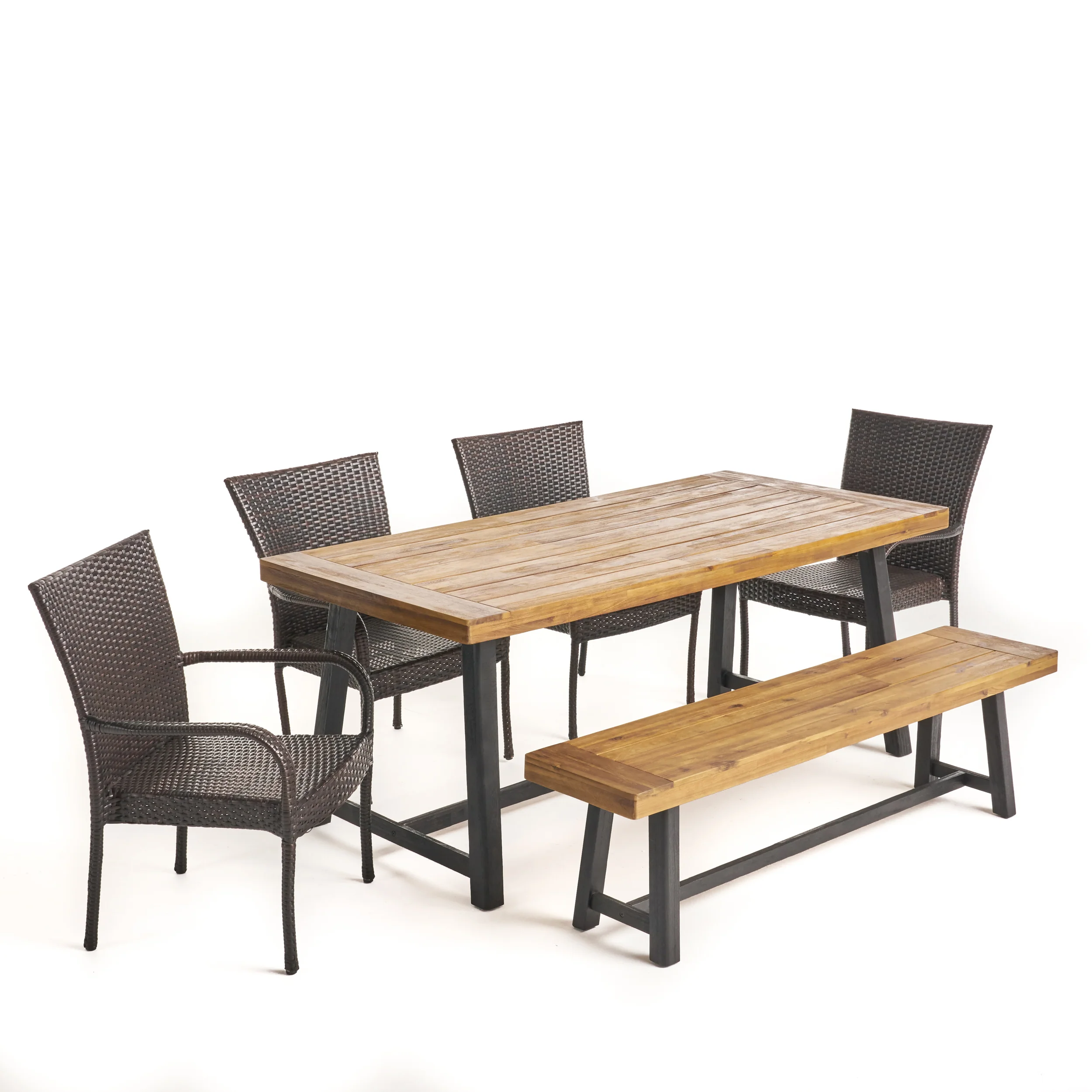 Nash Outdoor 6 Piece Dining Set with Wicker Chairs and Bench, Sandblast Teak and Multi Brown and Beige - furnishings
