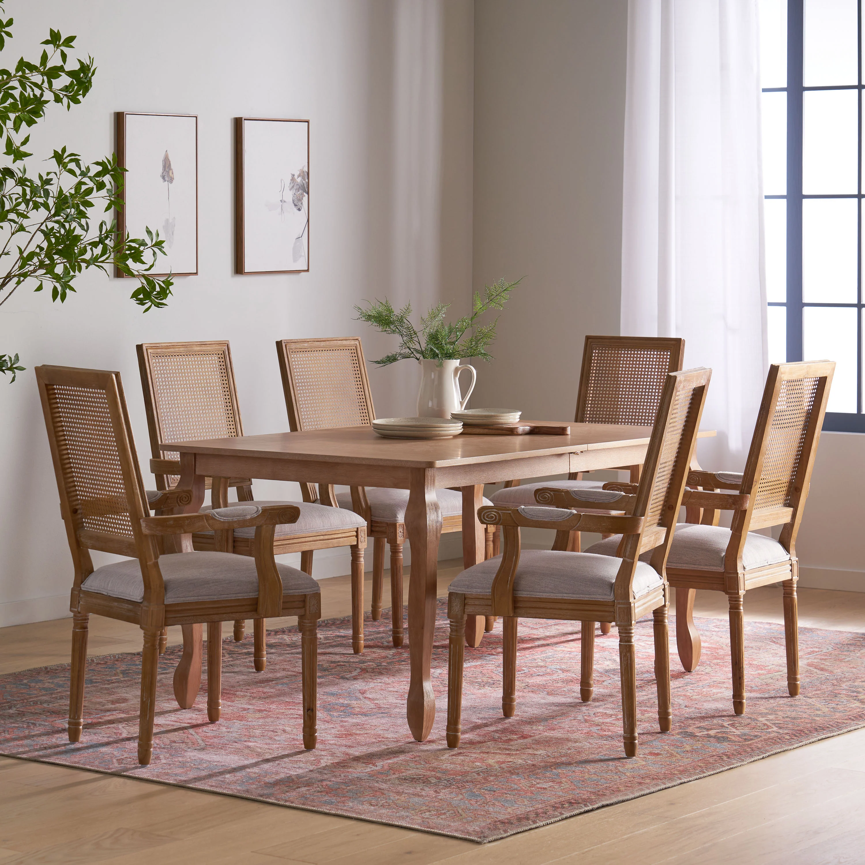 Regan French Country Fabric Upholstered Wood and Cane Expandable 7 Piece Dining Set - furnishings