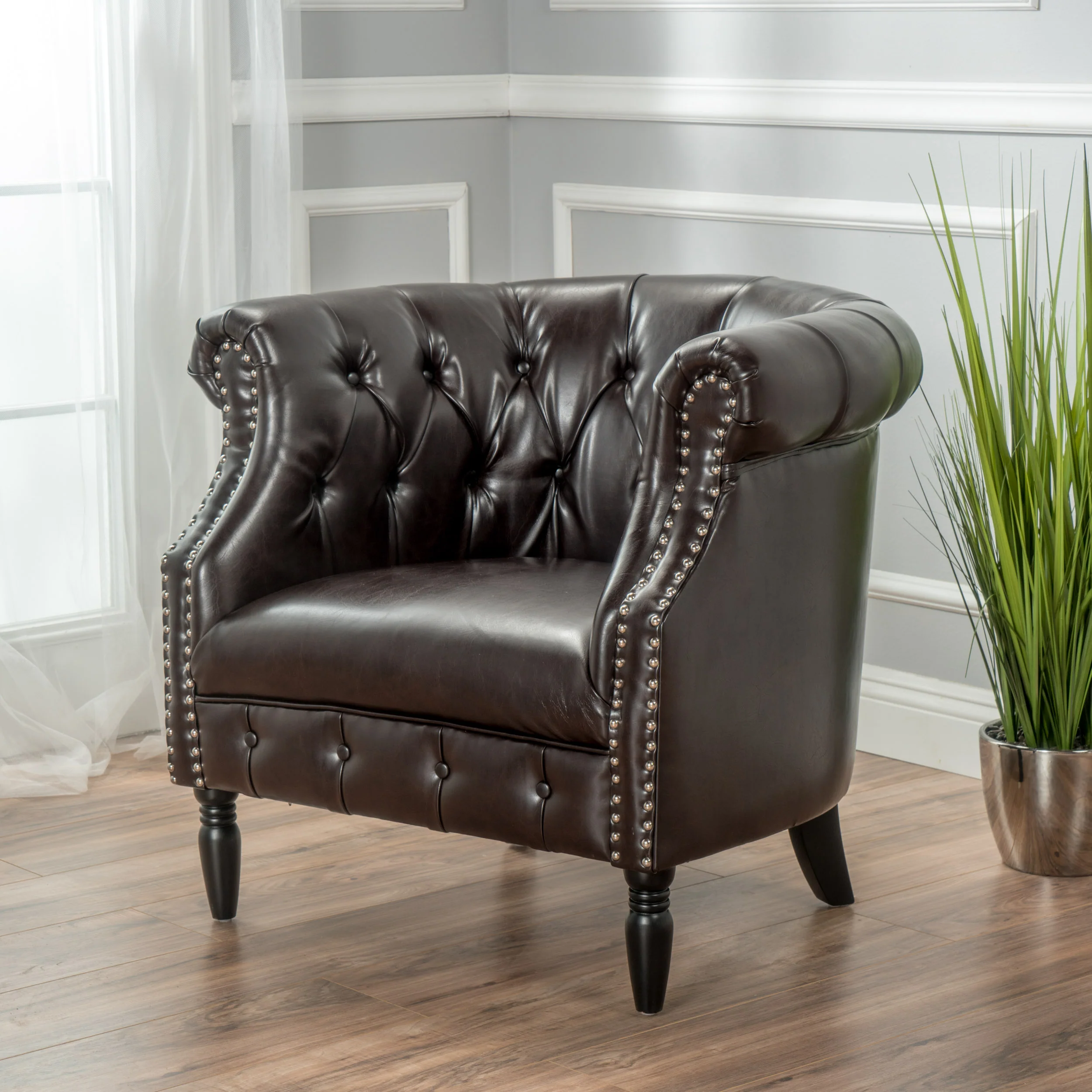 Aries Rolled Back Button Tufted Leather Tub Design Club Chair - furnishings