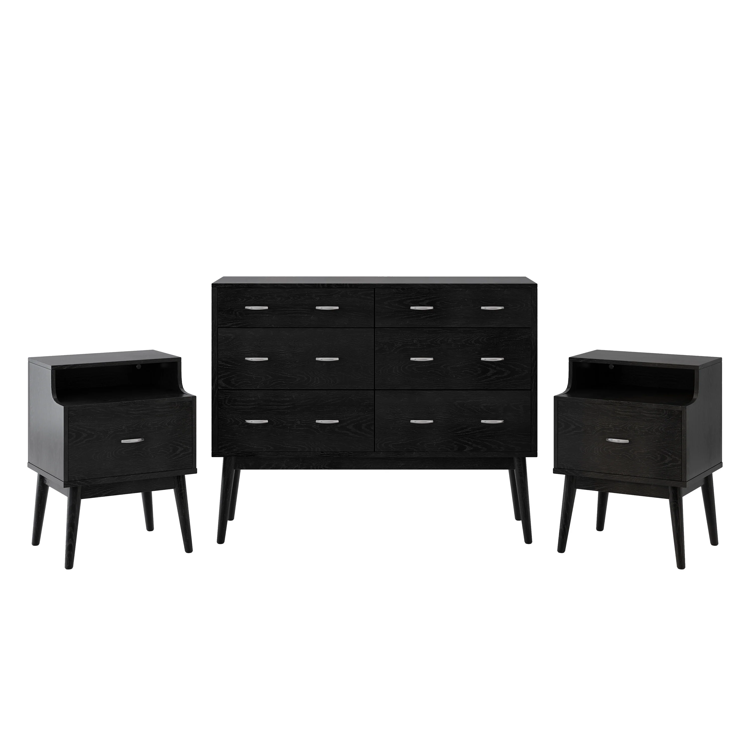 Wilbur Mid Century Wooden 3 Piece Double Dresser and Nightstand Bedroom Set - furnishings