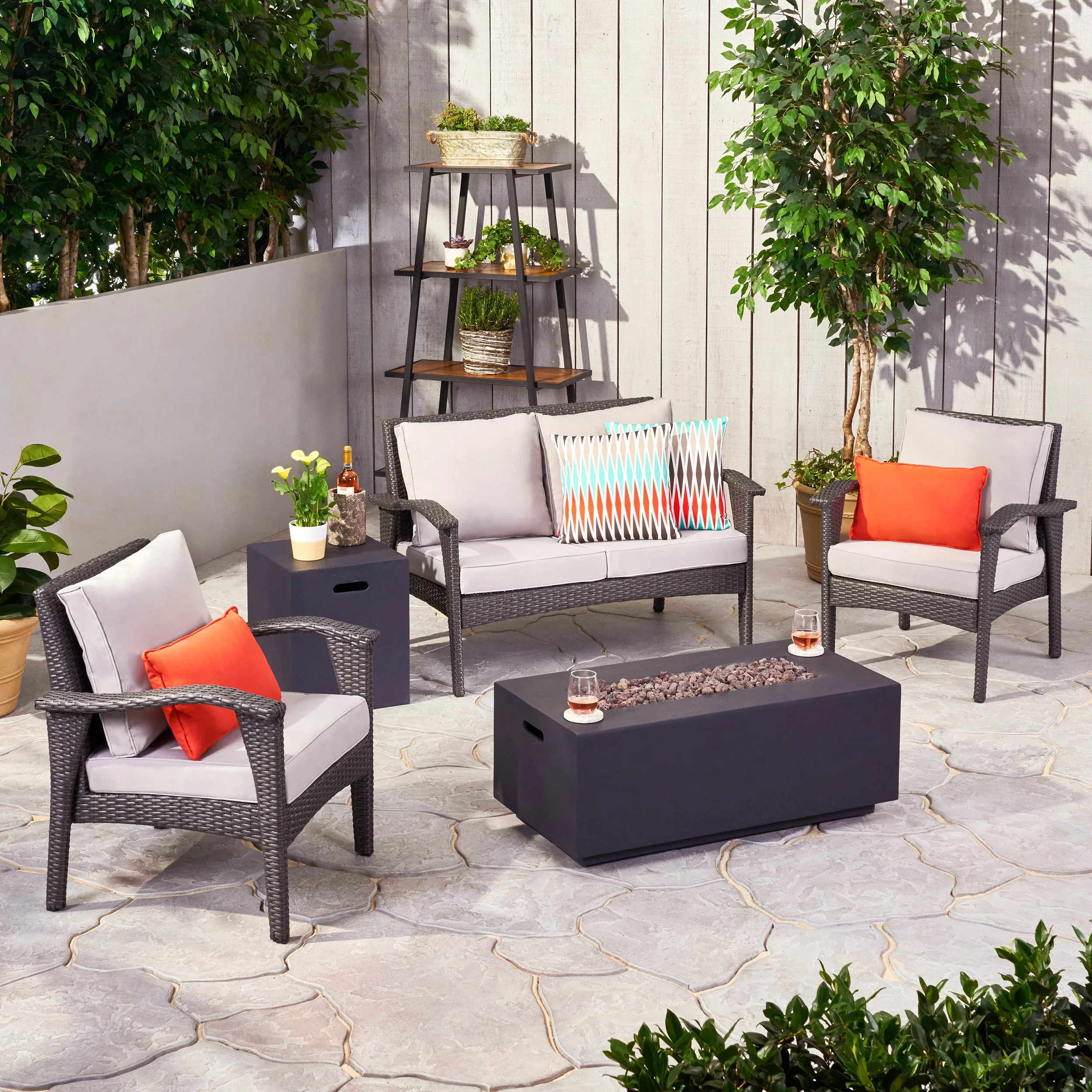 Mckynzie Outdoor 4 Seater Wicker Chat Set with Fire Pit - furnishings
