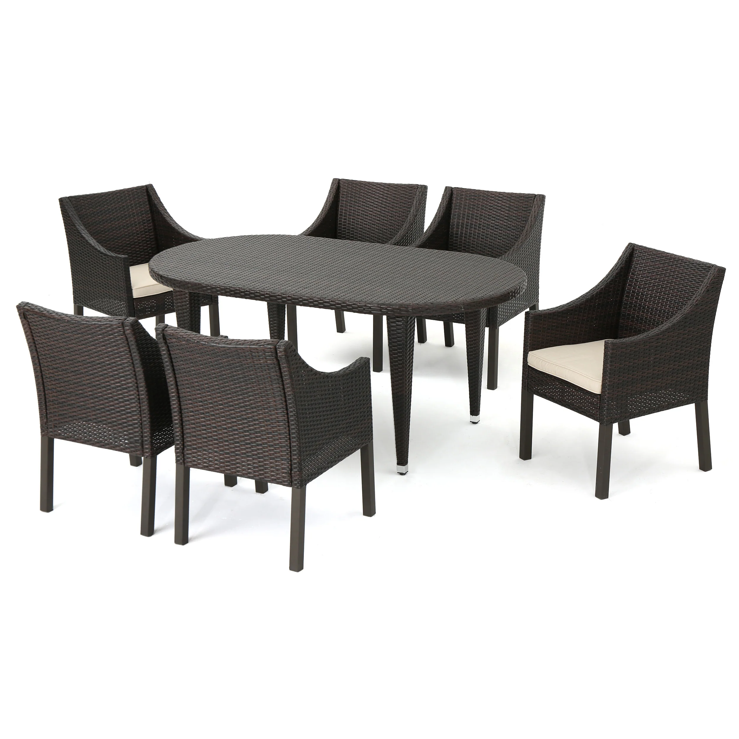 Nicholas Outdoor 7 Piece Wicker Oval Dining Set with Water Resistant Cushions - furnishings