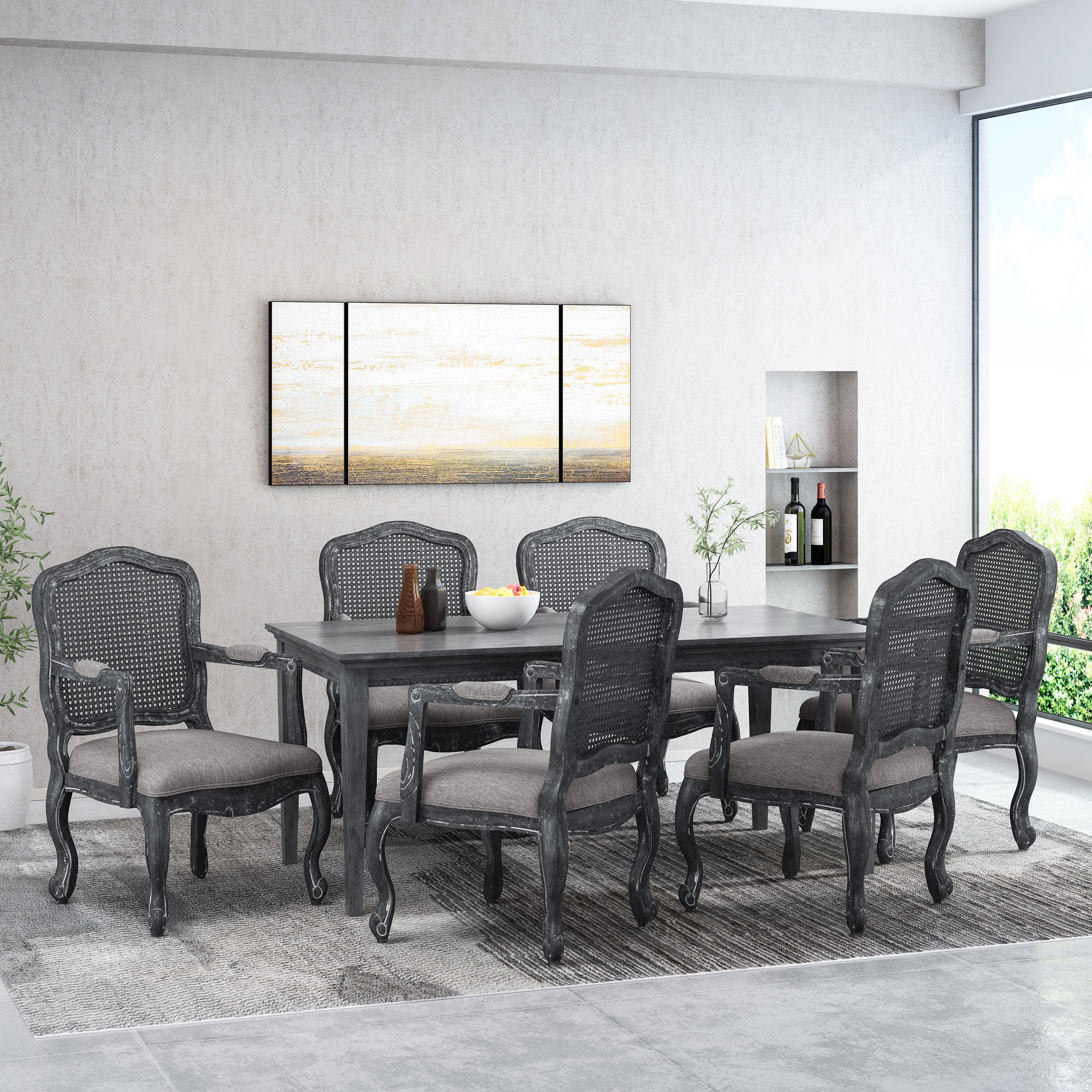 Biorn French Country Wood and Cane Upholstered Dining Armchair - furnishings