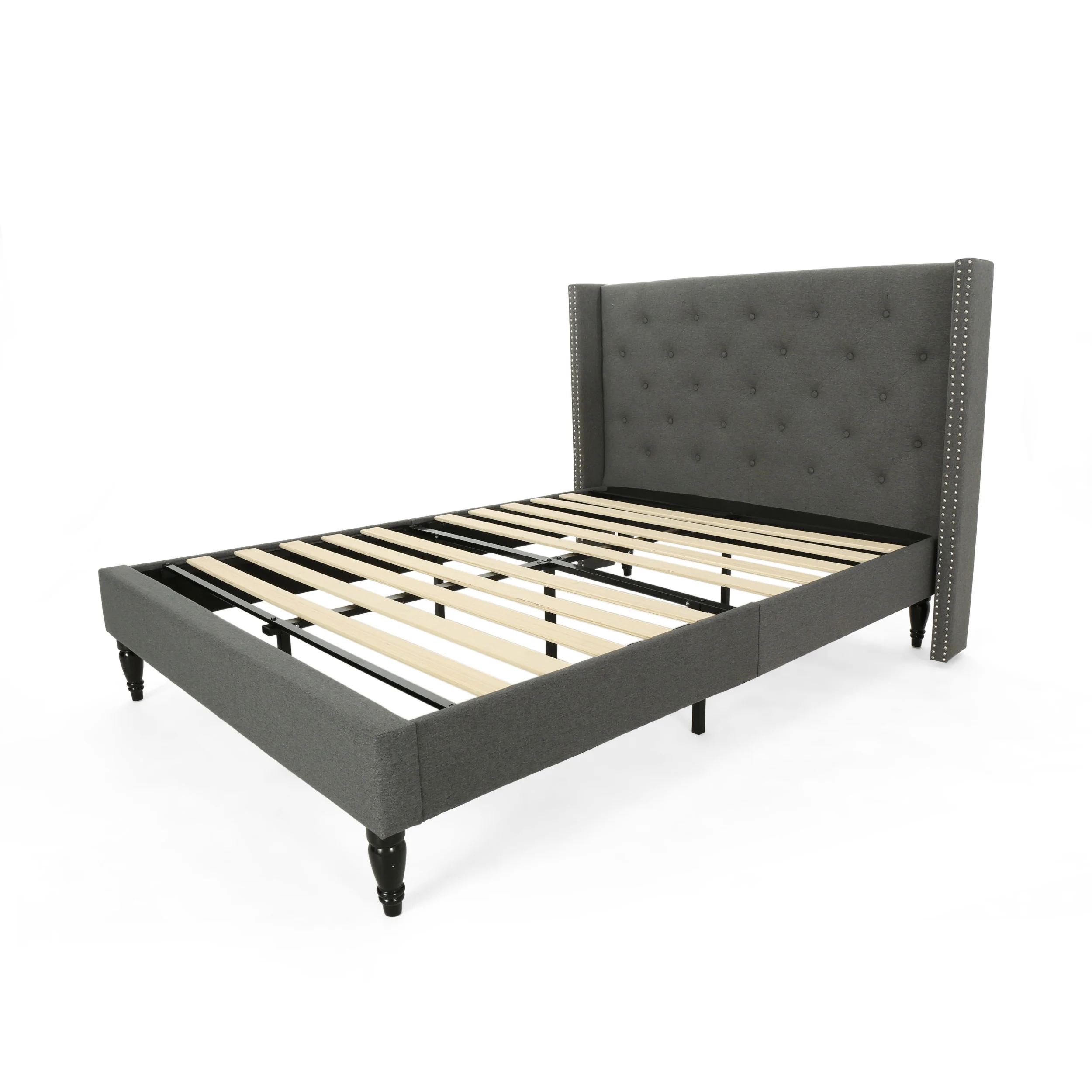 Ray Contemporary Rhinestone-Tufted Wingback Bed Frame with Nailhead Trim - furnishings