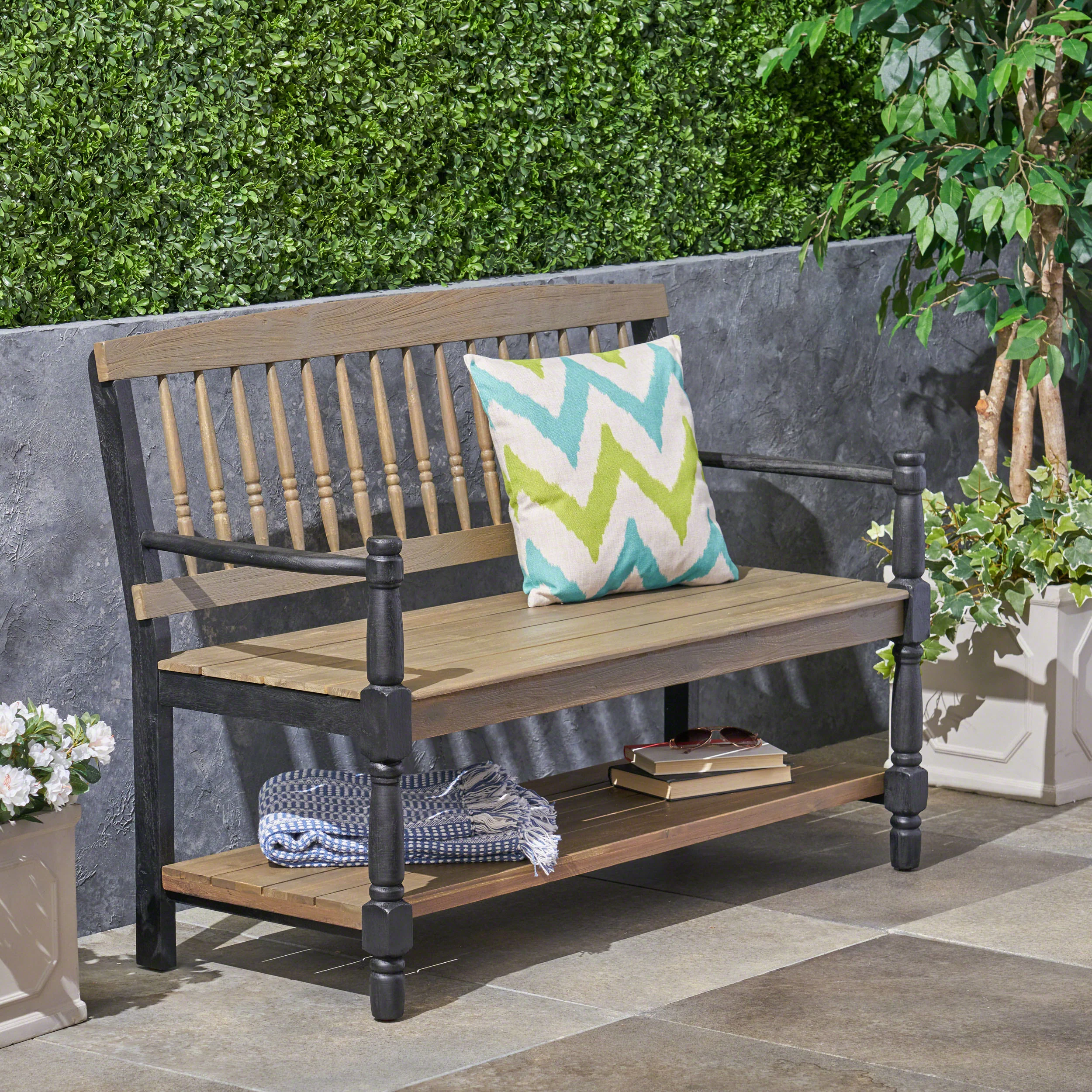 Daphne Outdoor Acacia Wood Bench with Shelf - furnishings