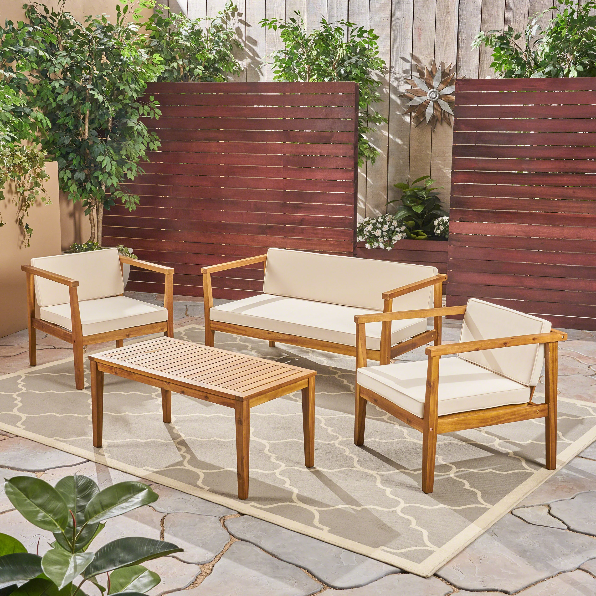 Maddox Outdoor 4-Seater Acacia Wood Chat Set with Coffee Table - furnishings