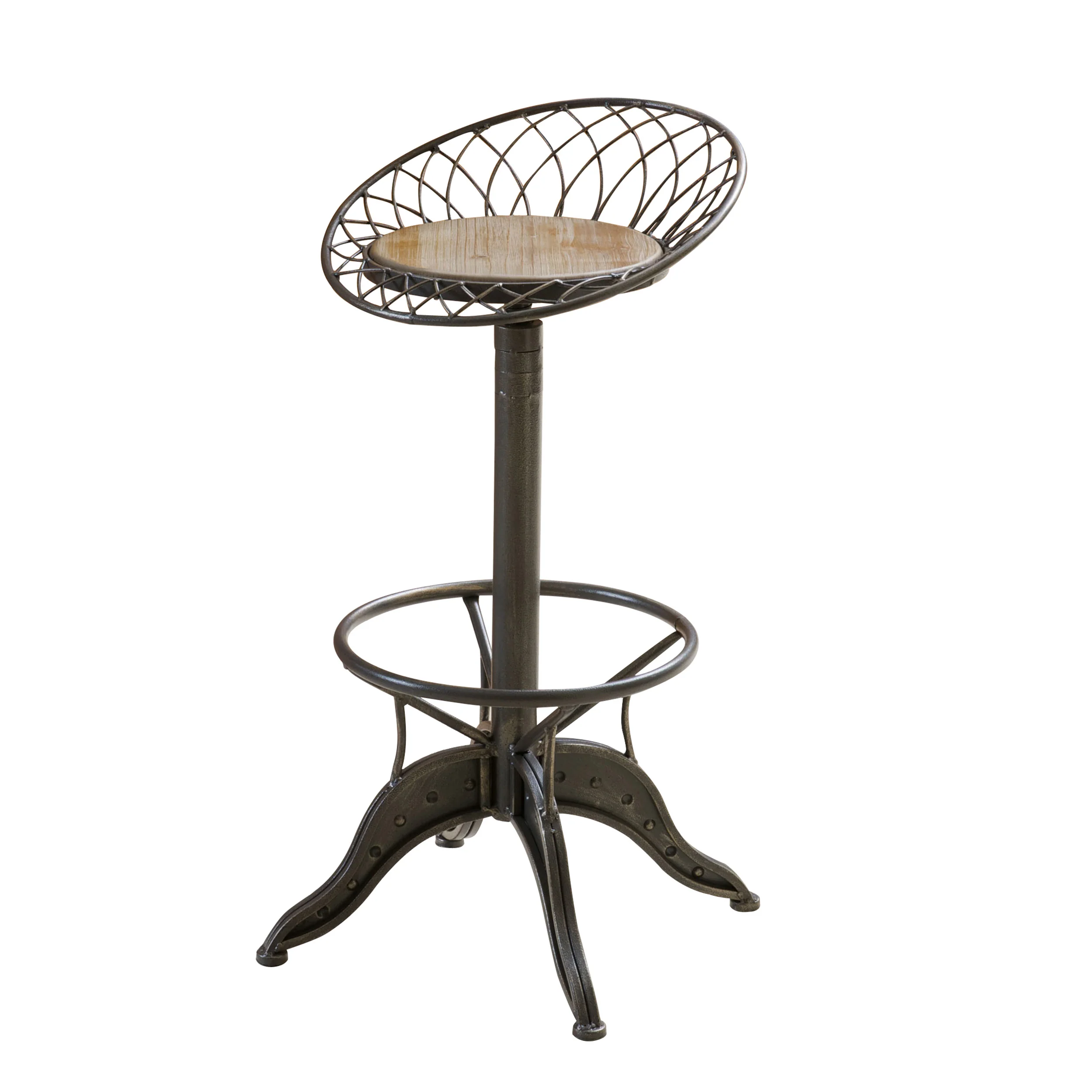 Bethpage Industrial Firwood Adjustable Height Bar Stool, Gray, Brass, and Natural - furnishings