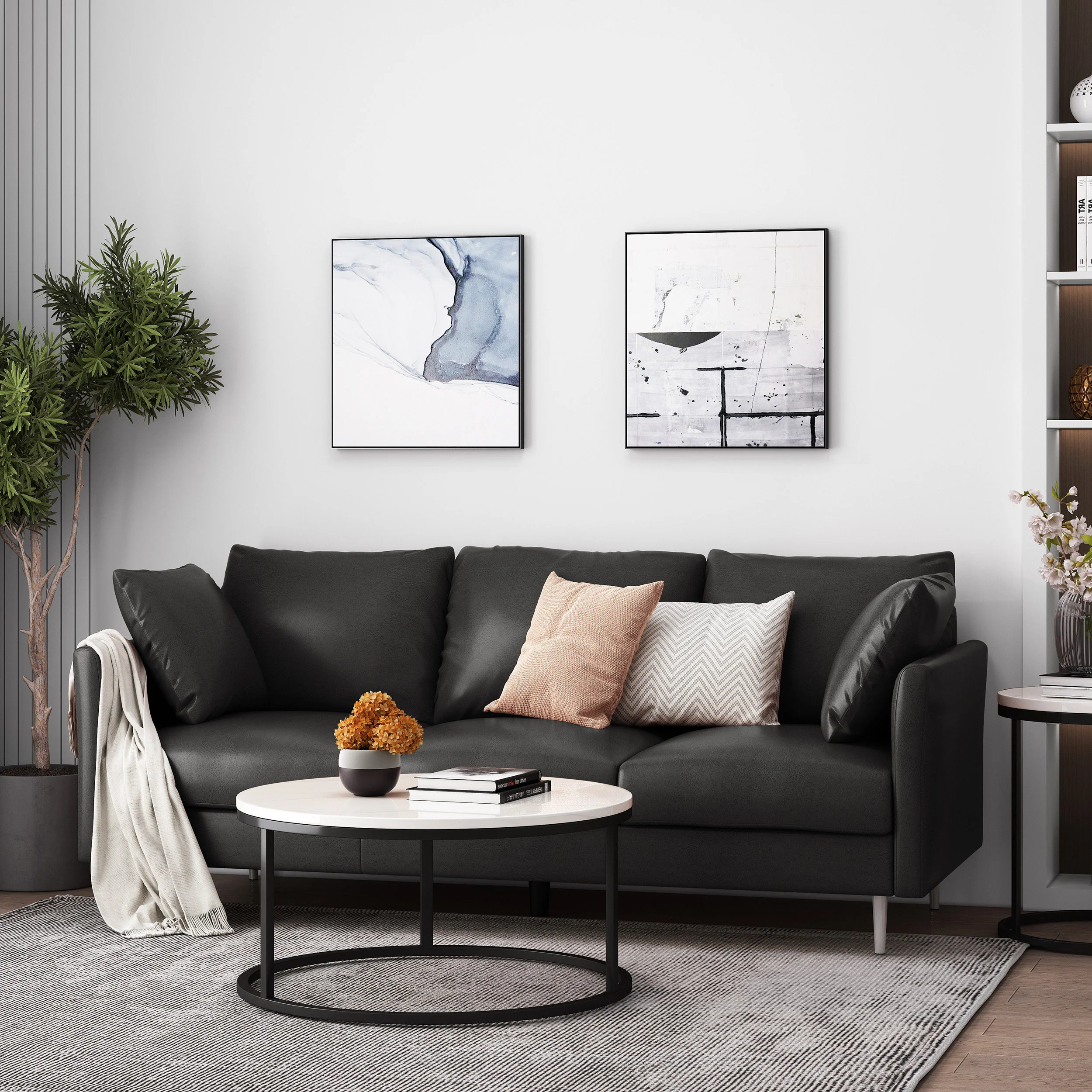 Syosset Modern Faux Leather 3 Seater Sofa with Pillows - furnishings