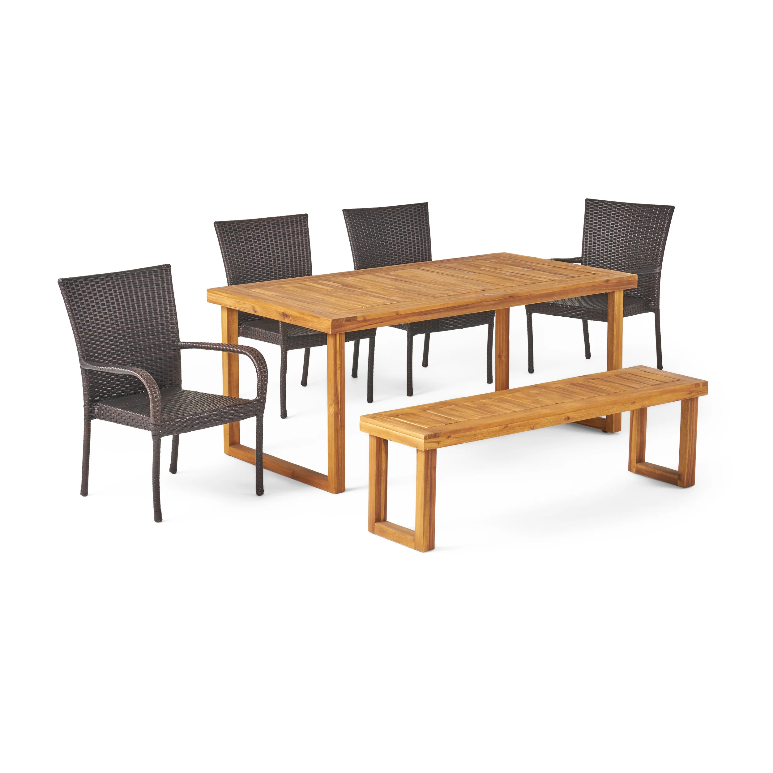 Eric Outdoor 6-Seater Wood and Wicker Chair and Bench Dining Set - furnishings