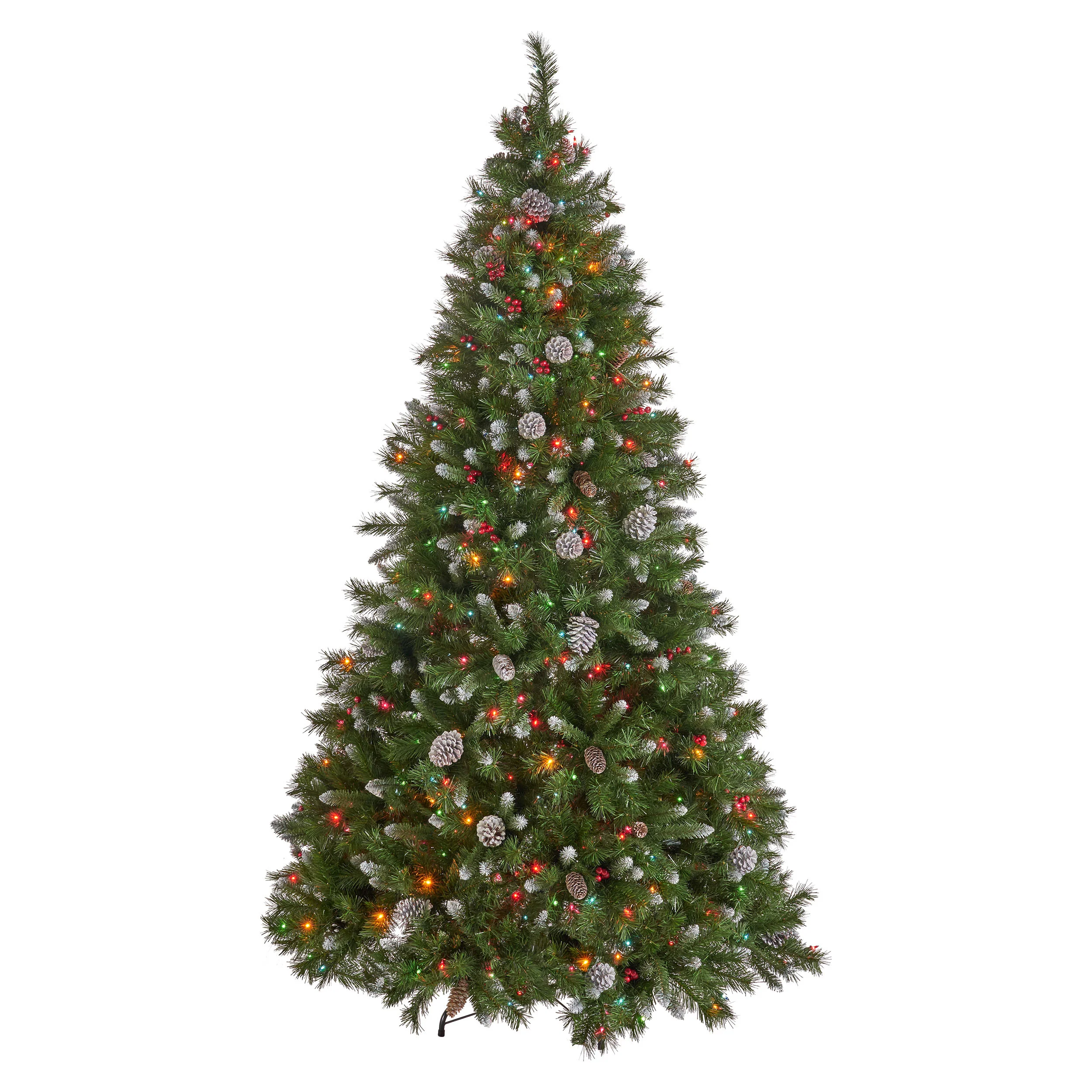 7-foot Mixed Spruce Hinged Artificial Christmas Tree with Frosted Branches, Red Berries, and Frosted Pinecones - furnishings