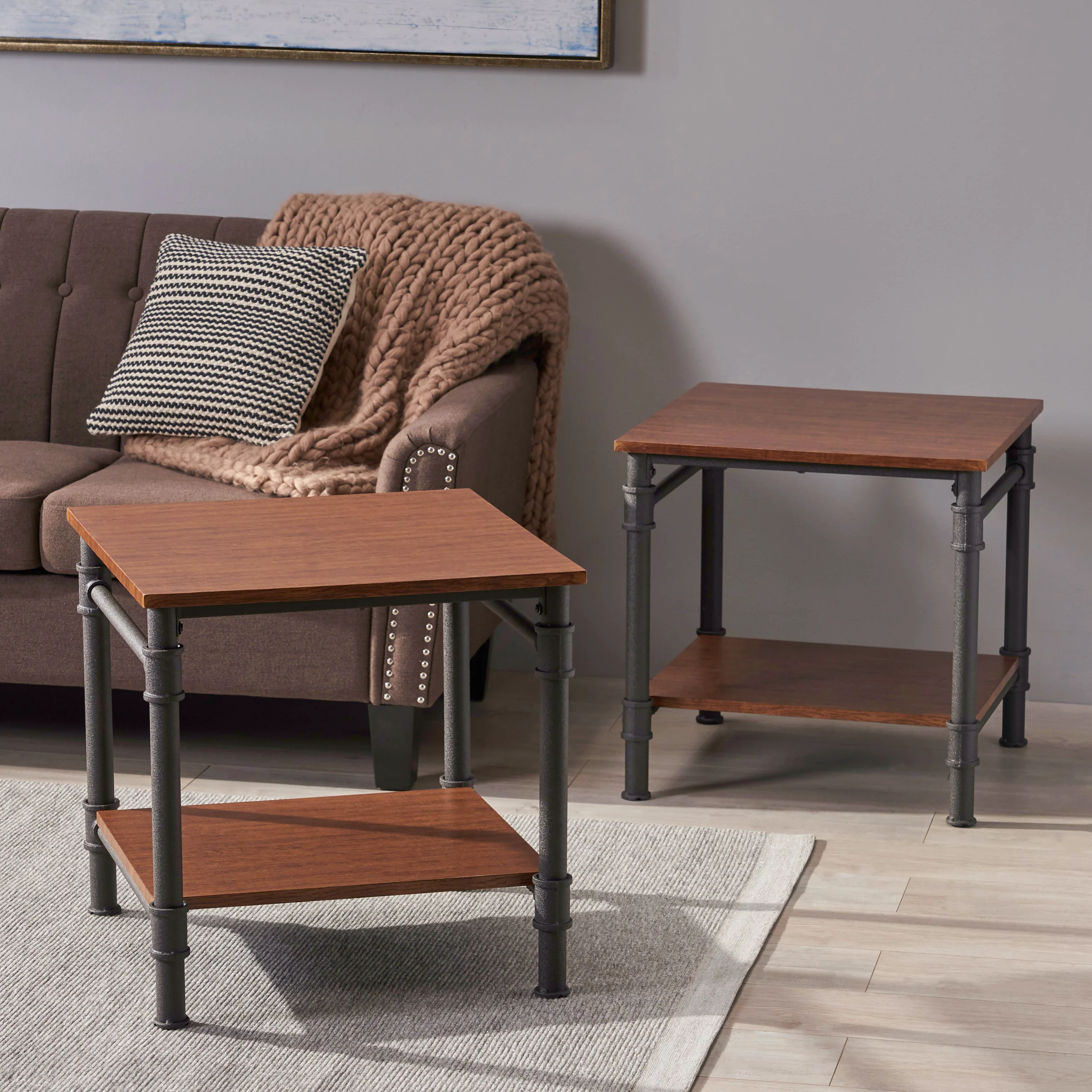 Mila Industrial Faux Wood End Tables (Set of 2), Teak - furnishings