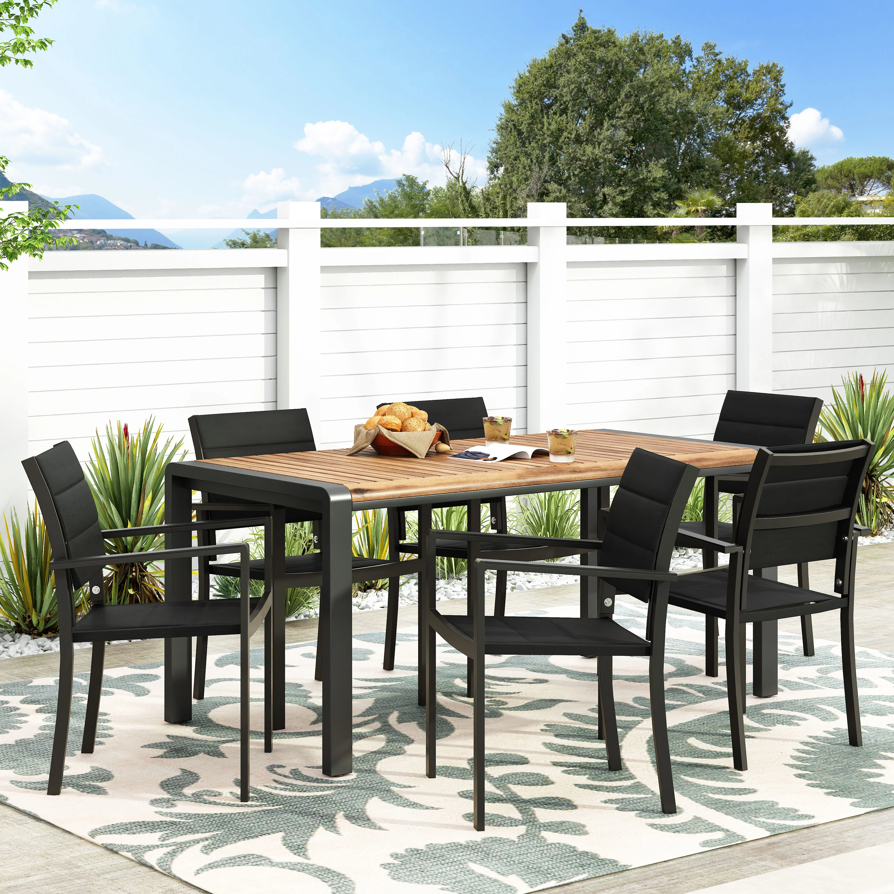 Roseland Outdoor Mesh and Acacia Wood 7 Piece Dining Set, Black and Teak - furnishings