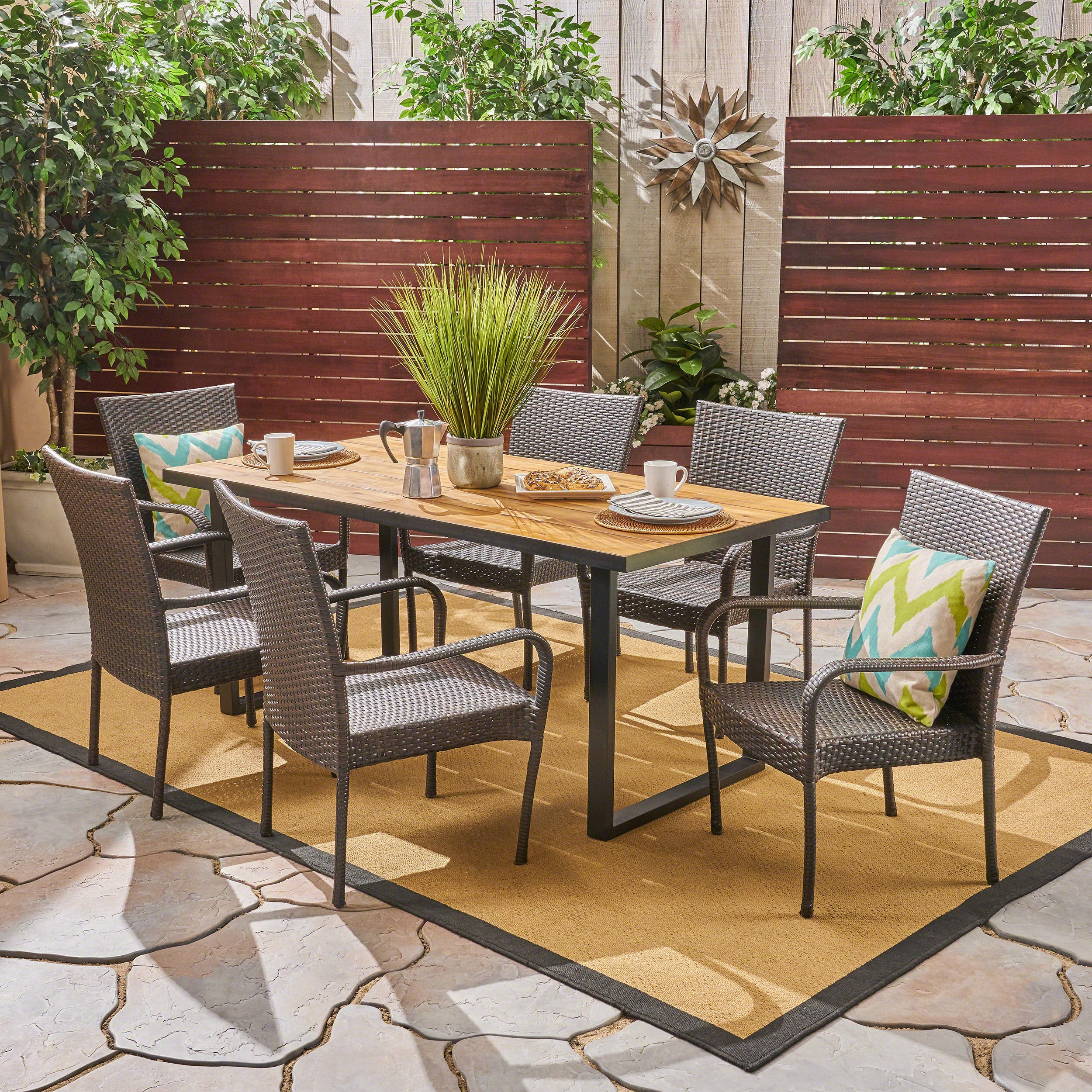 Fern Outdoor 6-Seater Rectangular Acacia Wood and Wicker Dining Set - furnishings