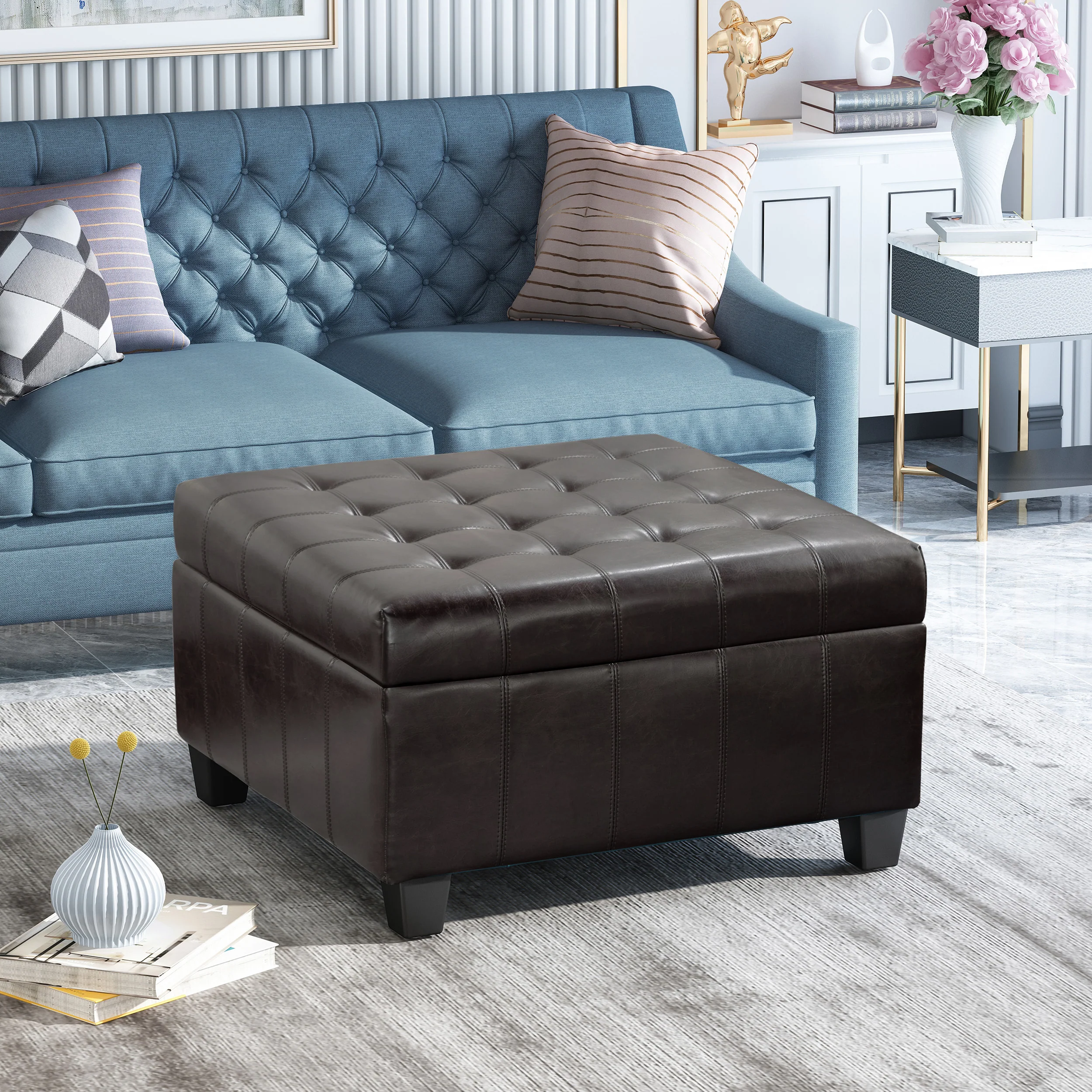 Lyncorn Brown Bonded Leather Storage Ottoman - furnishings
