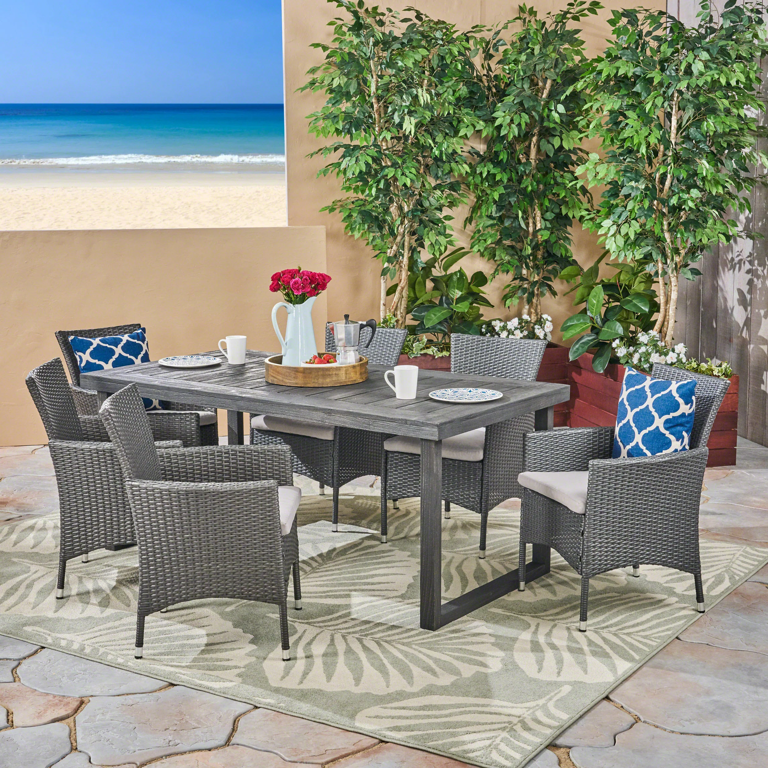 Agnes Outdoor 6-Seater Gray Wood & Wicker Dining Set - furnishings