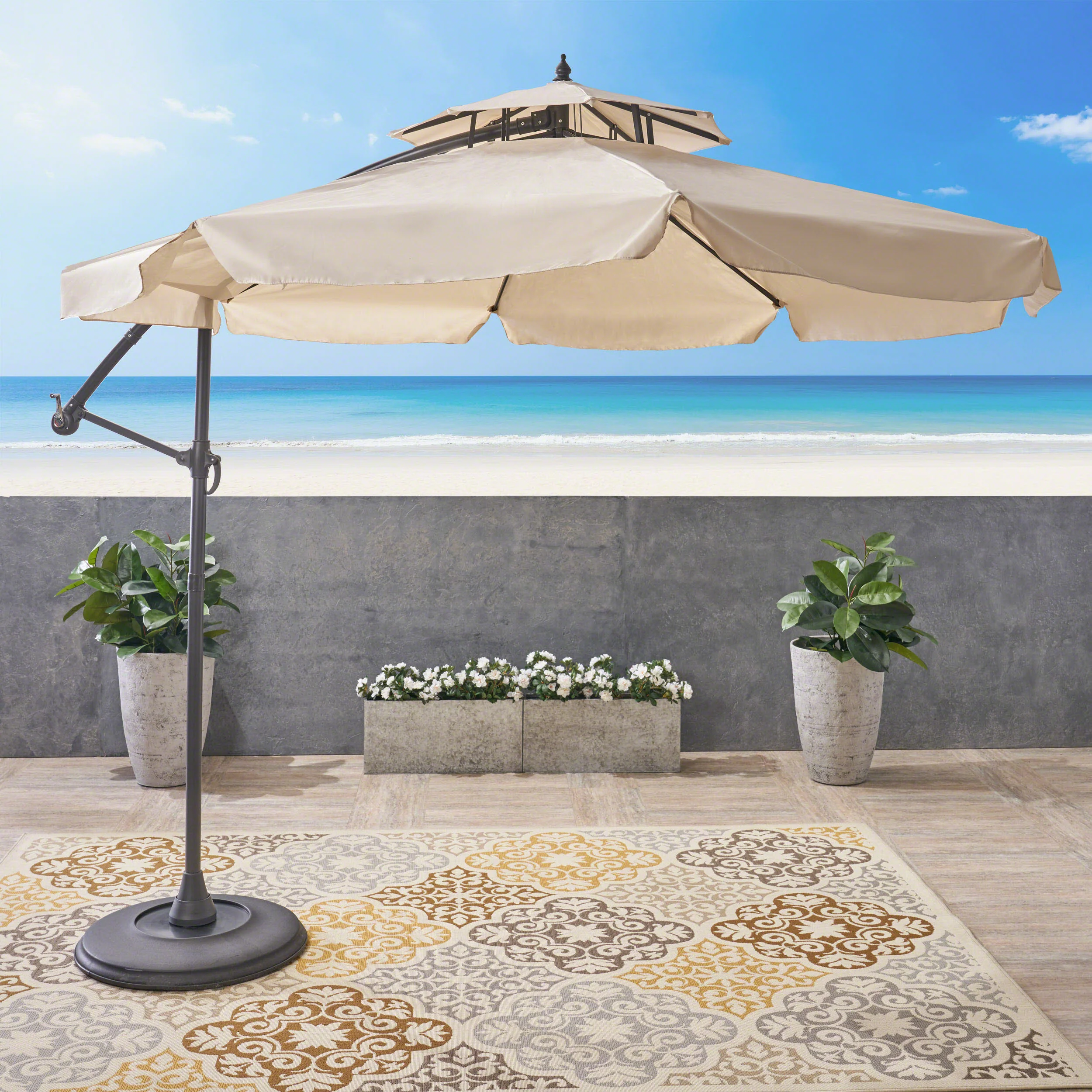 Tahiti Outdoor Beige Cantilever Patio Umbrella & Base - furnishings