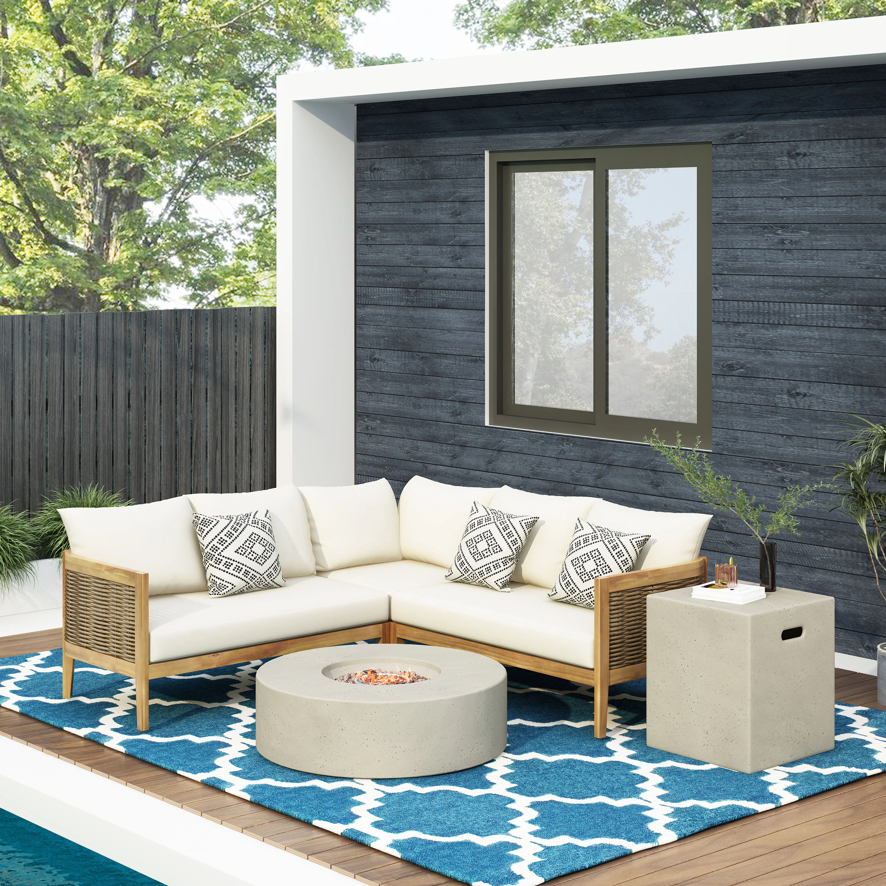 The Crowne Collection Outdoor Acacia Wood and Round Wicker 5 Seater Sectional Sofa Chat Set with Fire Pit - furnishings