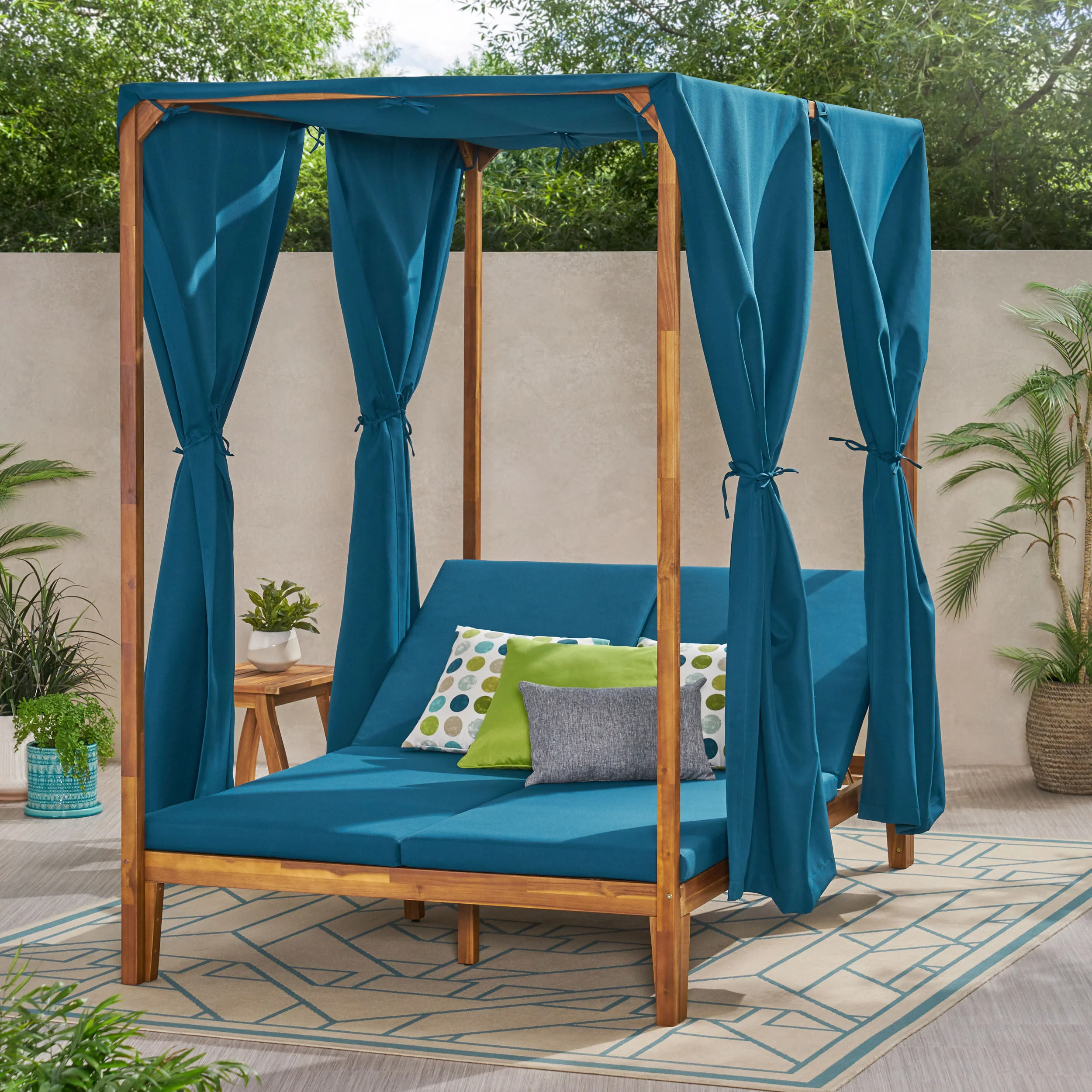 Leaverton Outdoor 2 Seater Adjustable Acacia Wood Daybed with Curtains - furnishings