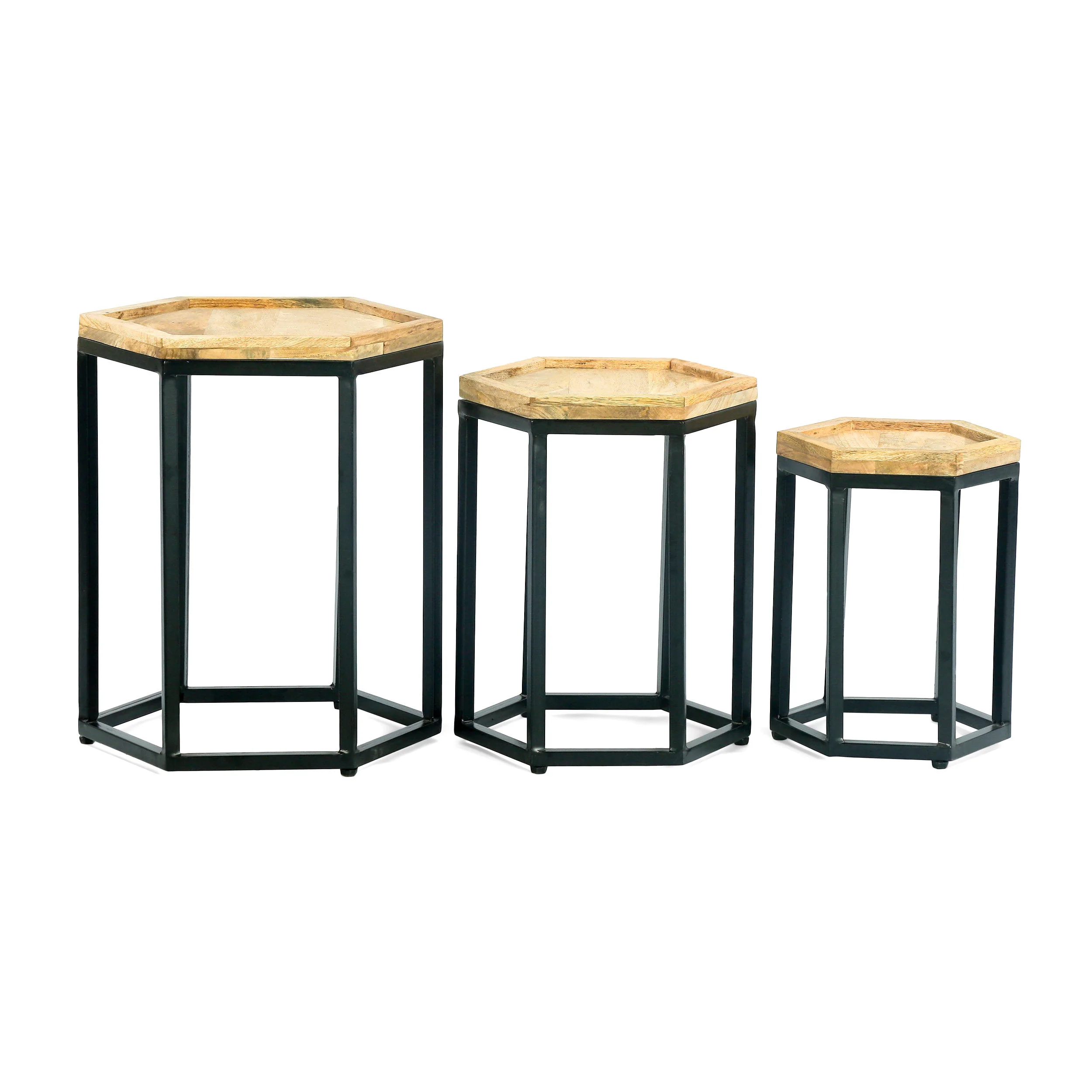 Yantic Modern Industrial Handcrafted Mango Wood Nested Side Tables (Set of 3), Natural and Black - furnishings