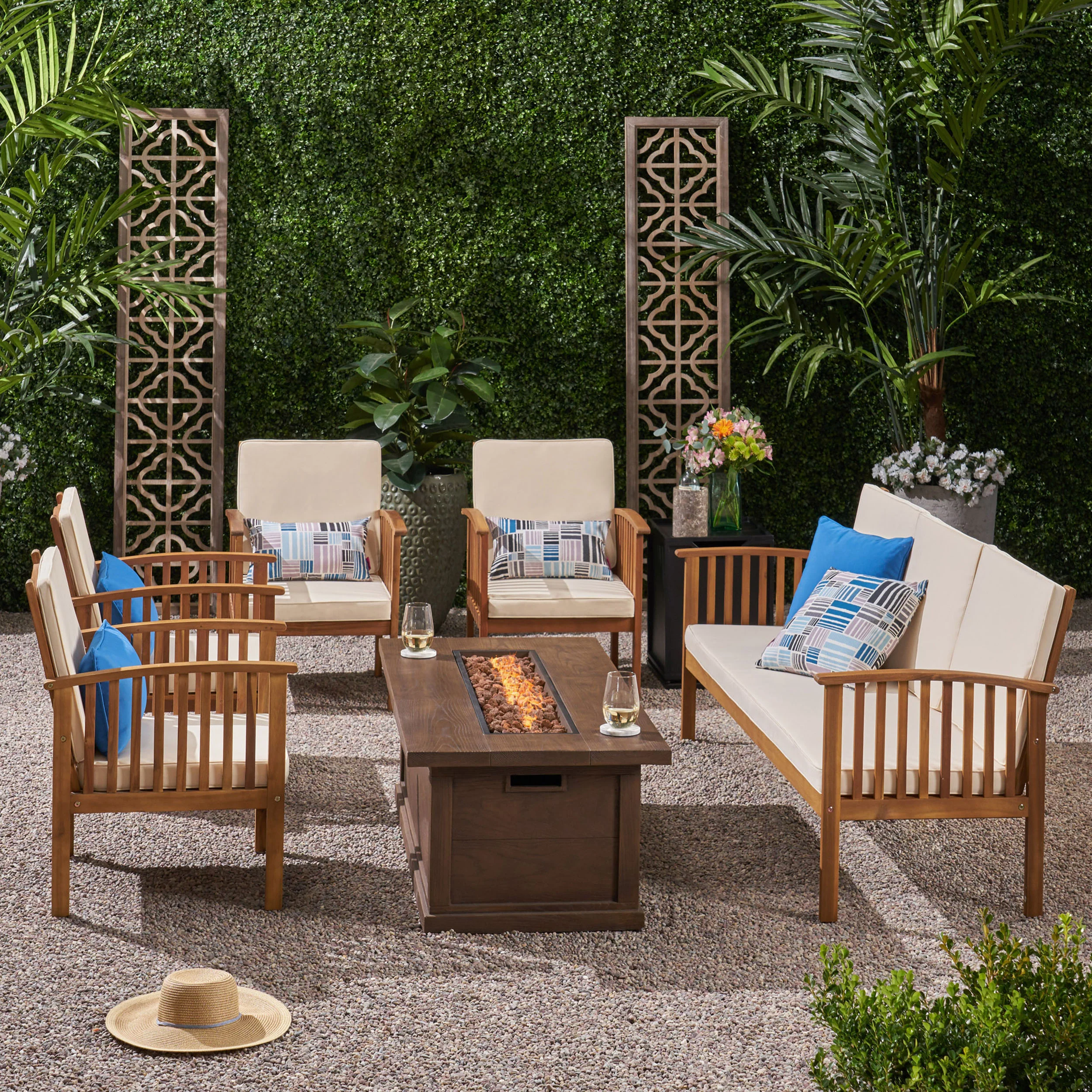 Suzanne Sophia Outdoor 7 Piece Acacia Wood Chat Set with Fire Pit - furnishings