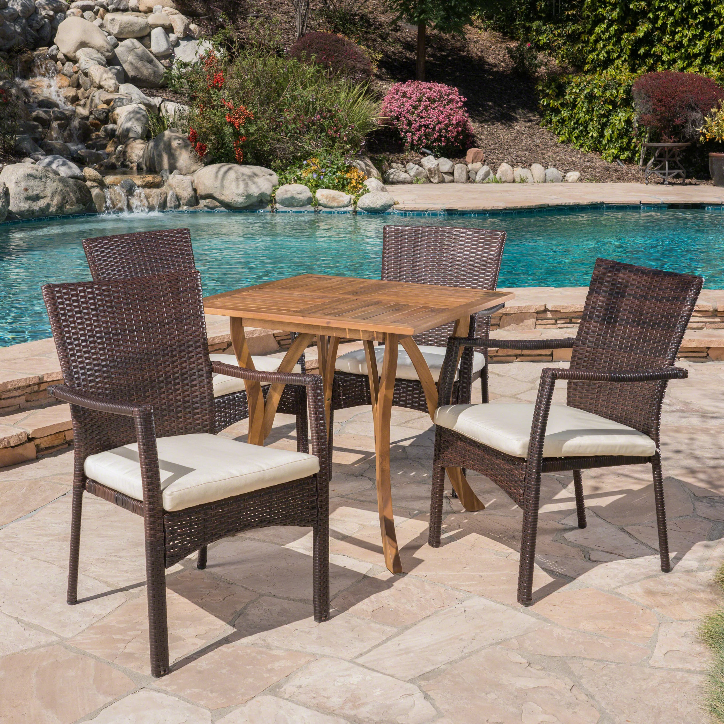 Alva Outdoor 5 Piece Acacia Wood/ Wicker Dining Set with Cushions - furnishings