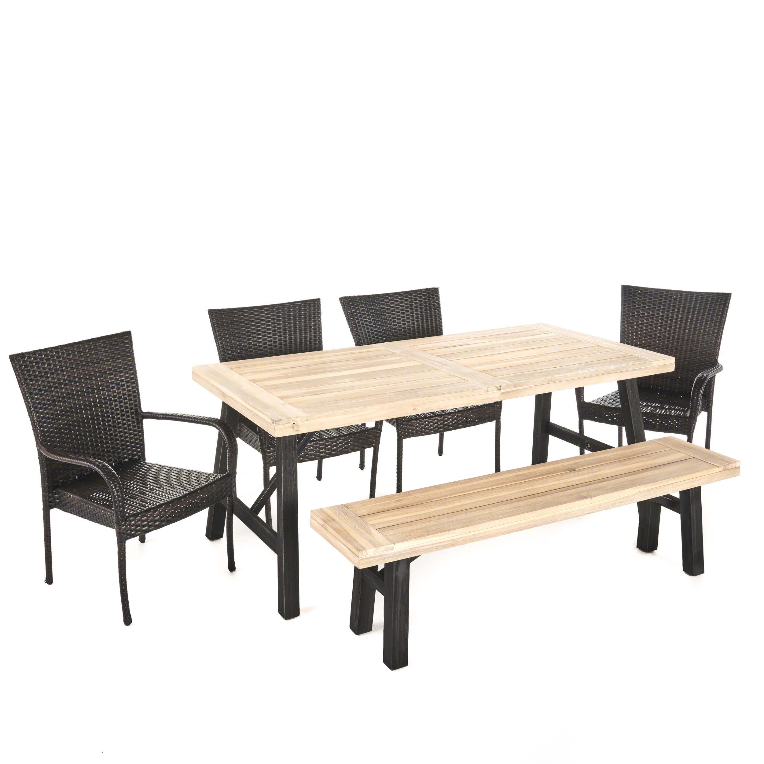 Porto Outdoor 6 Piece Acacia Wood Dining Set with Wicker Stacking Chairs - furnishings