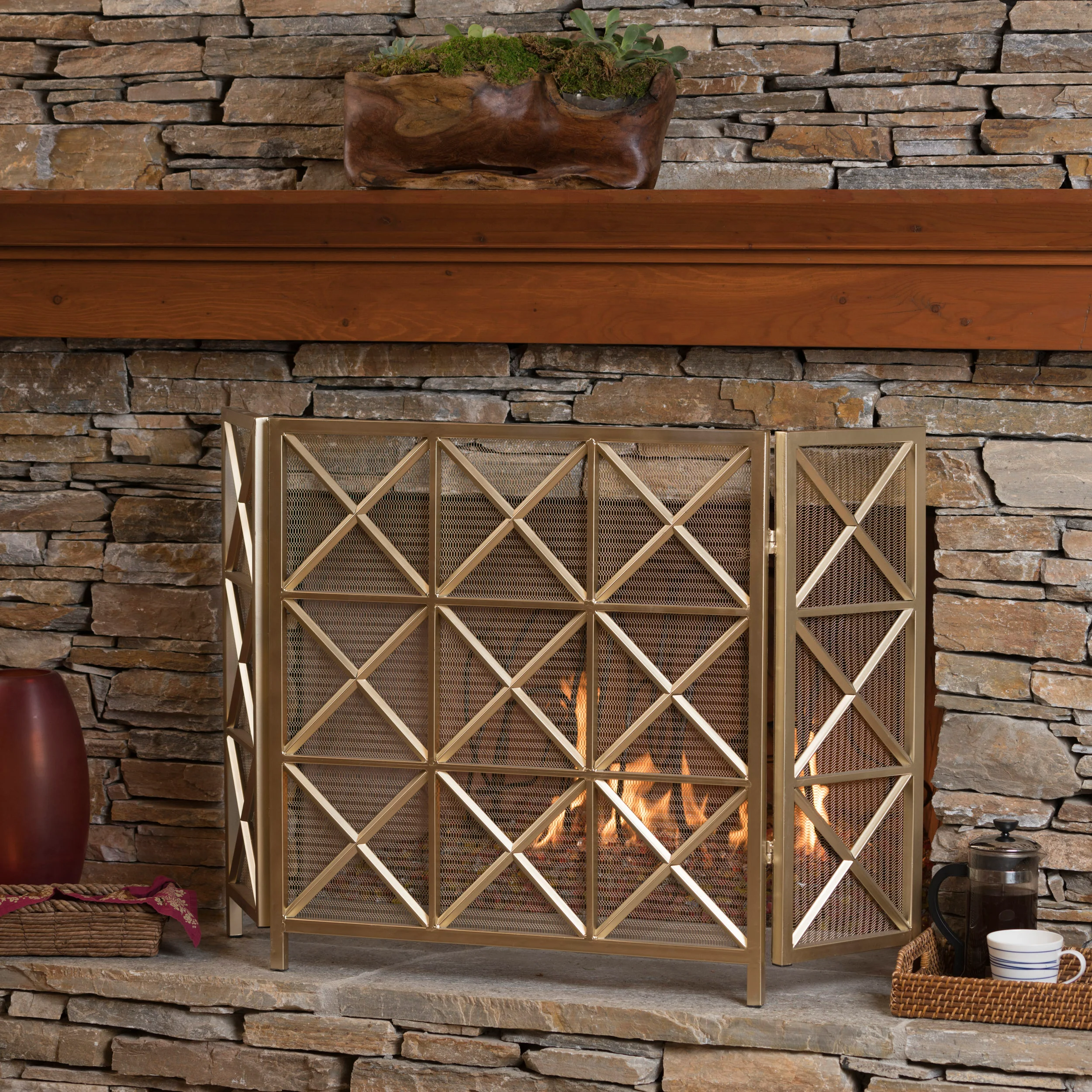 Mandralla Modern 3-Panel Iron Fireplace Screen with Cross Hatch Pattern - furnishings