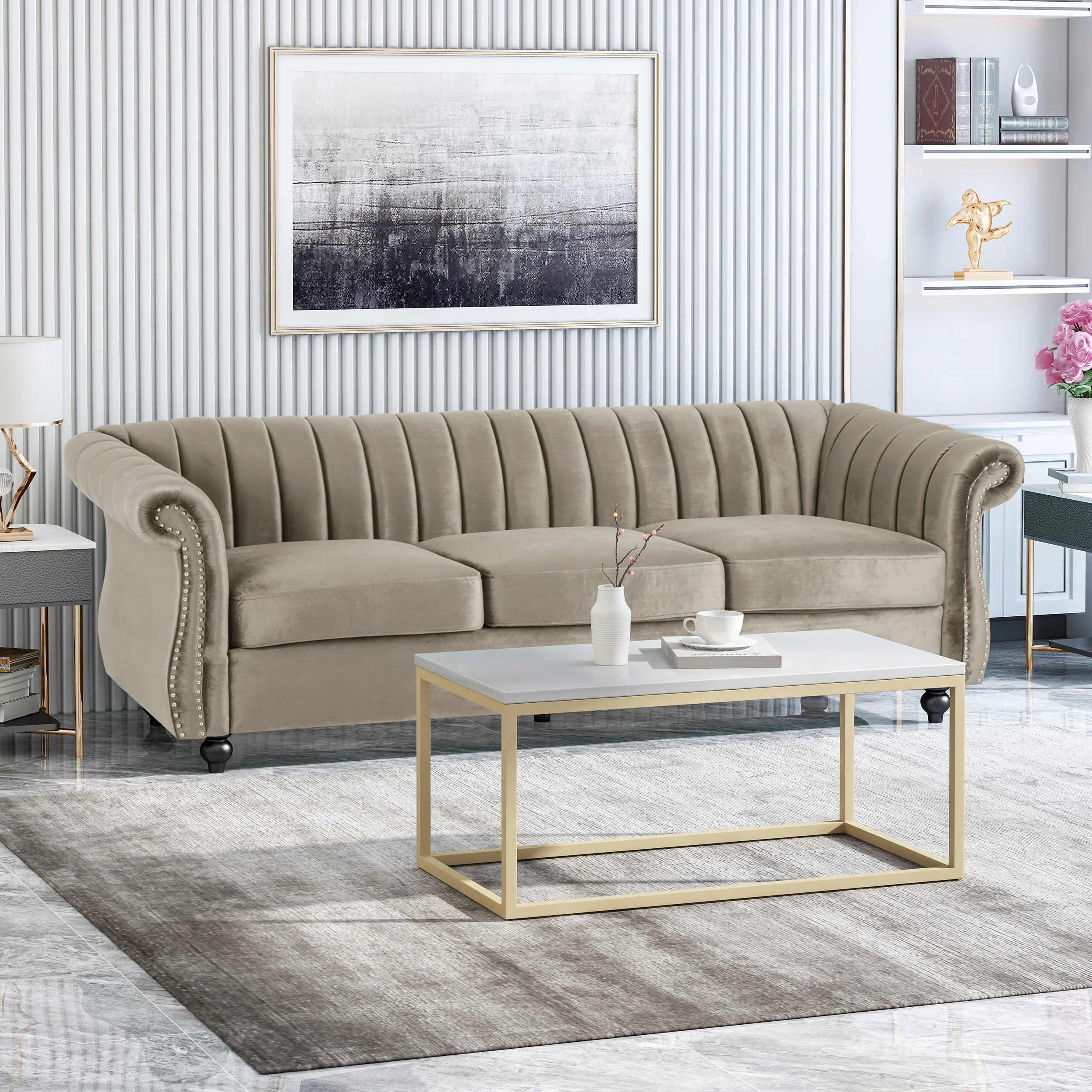 Olga Modern Glam Velvet 3 Seater Sofa, Umber and Dark Brown - furnishings