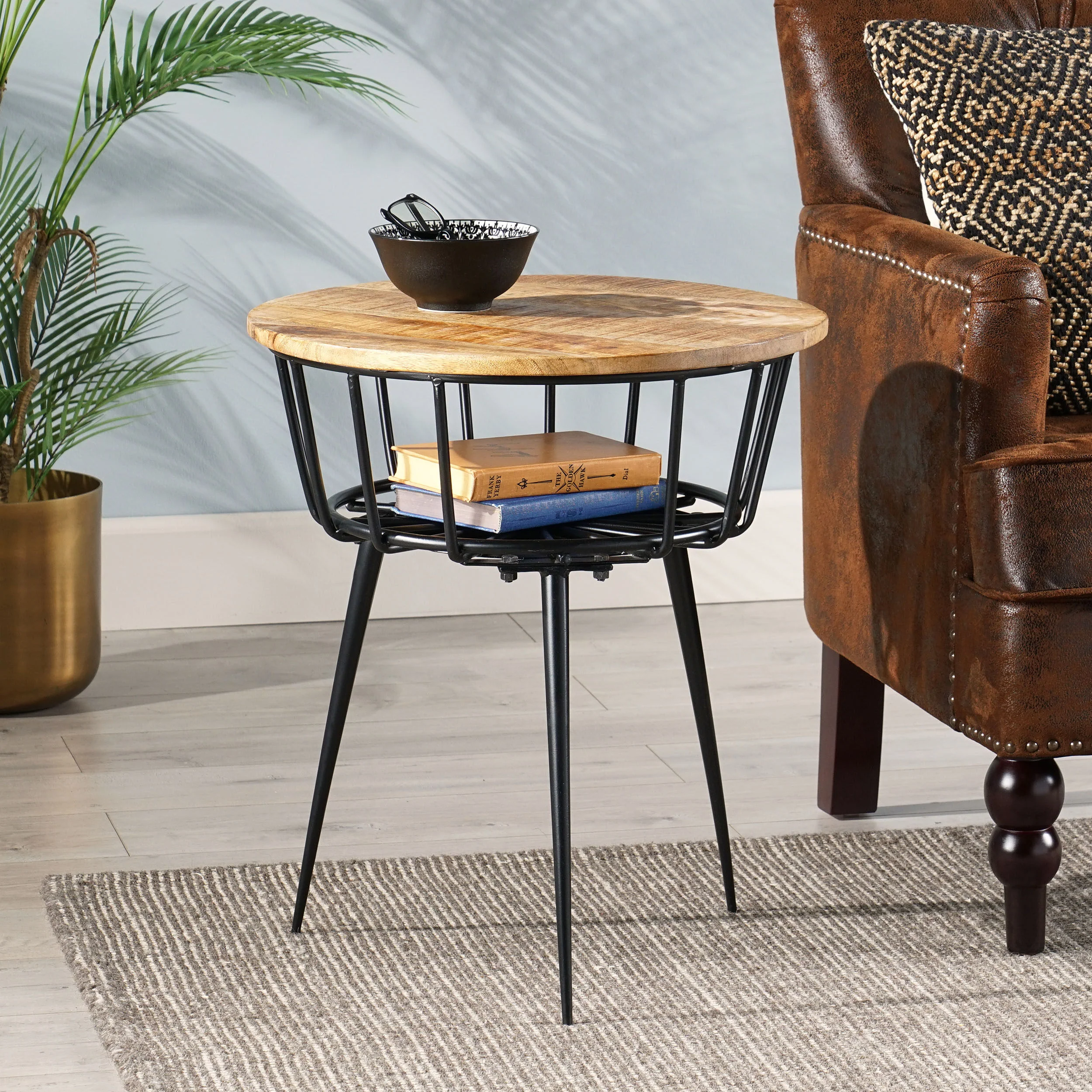 Tomilson Modern Industrial Handcrafted Mango Wood Side Table, Natural and Black - furnishings