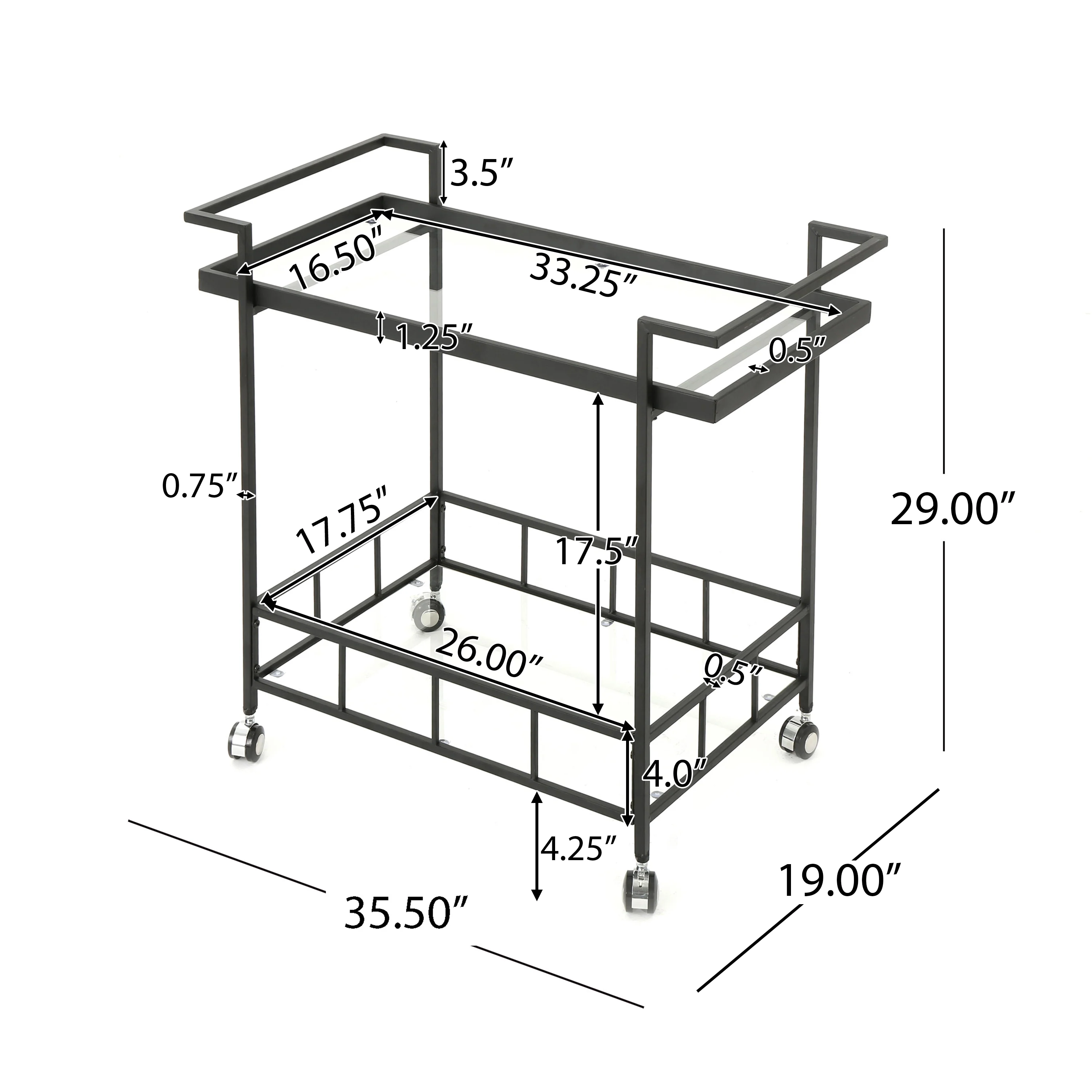 Brose Indoor Industrial Black Iron Bar Cart with Tempered Glass Shelves - furnishings