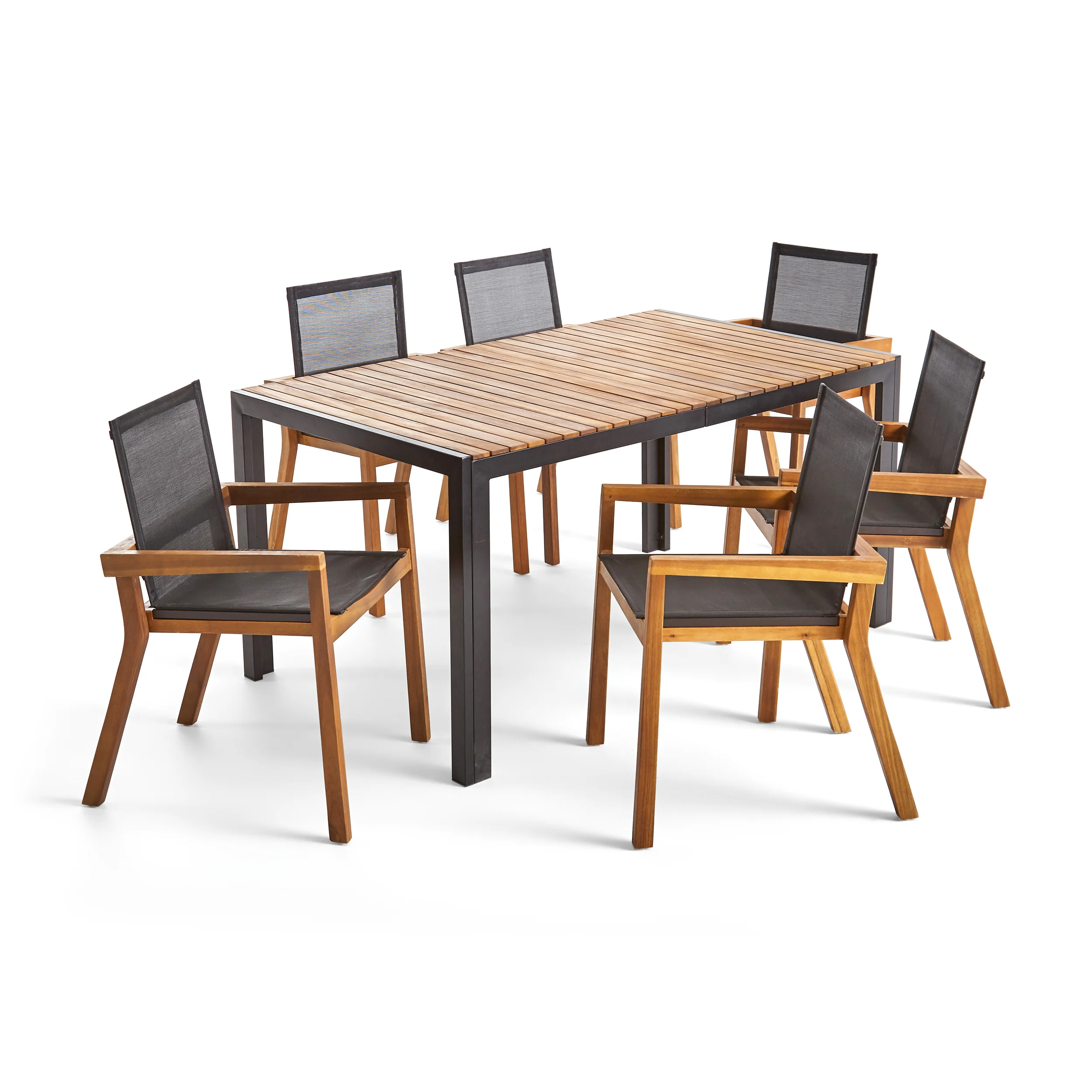 Aymee Outdoor 6-Seater Rectangular Acacia Wood and Mesh Dining Set - furnishings