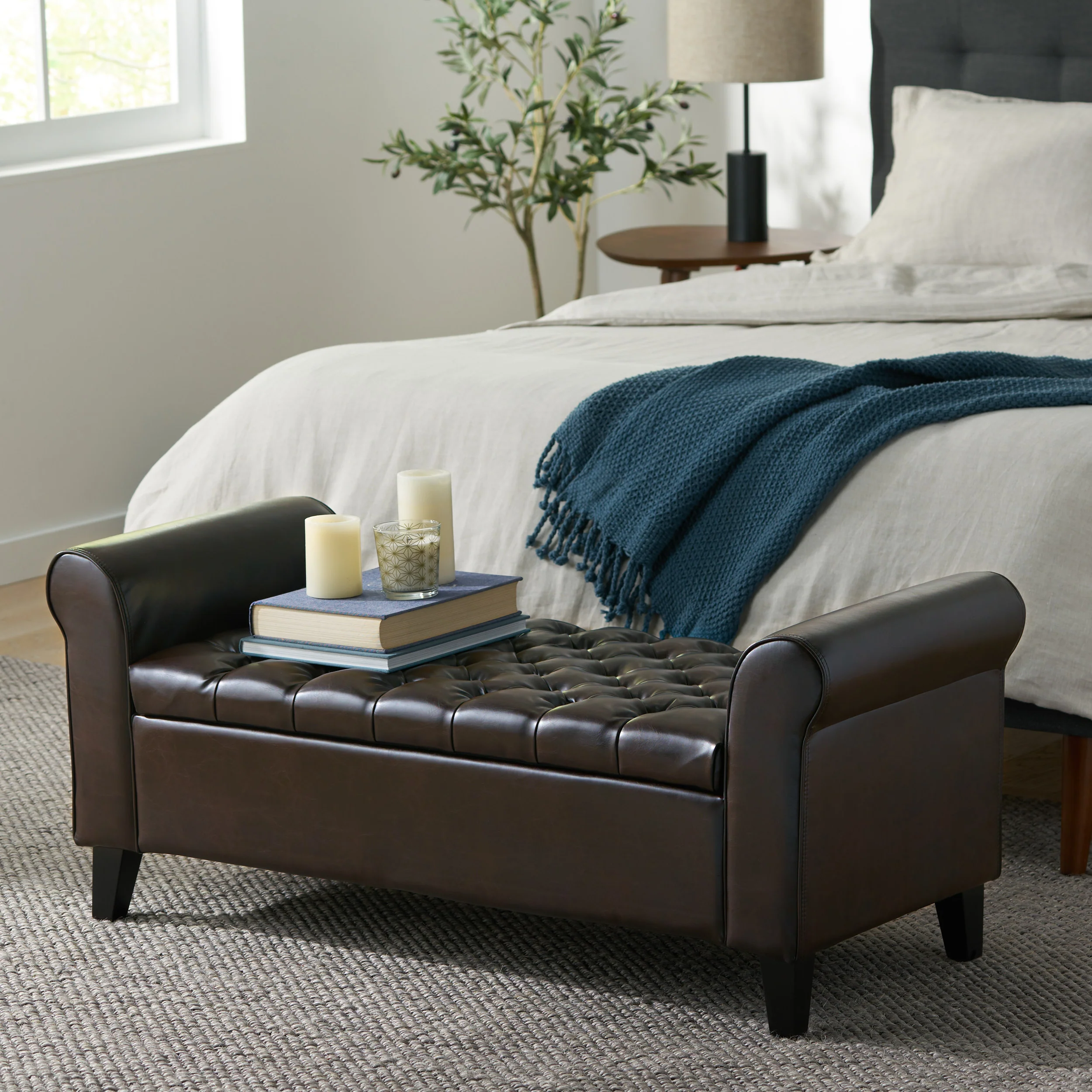 Charlemagne Rolled Arm Tufted Leather Storage Ottoman Bench - furnishings